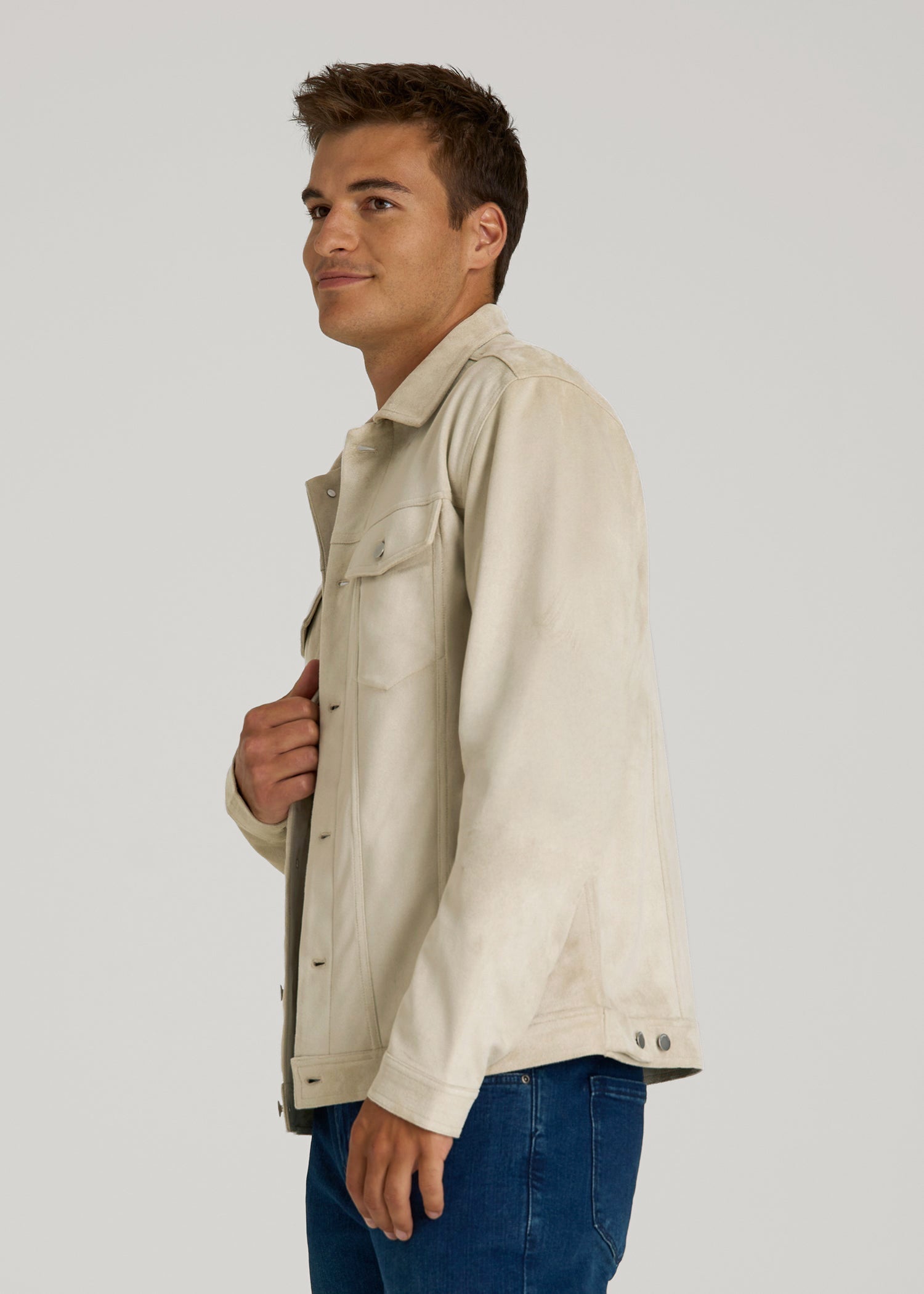 American Tall Online Shop | True Touch Suede Trucker Jacket for Tall Men in Overcast