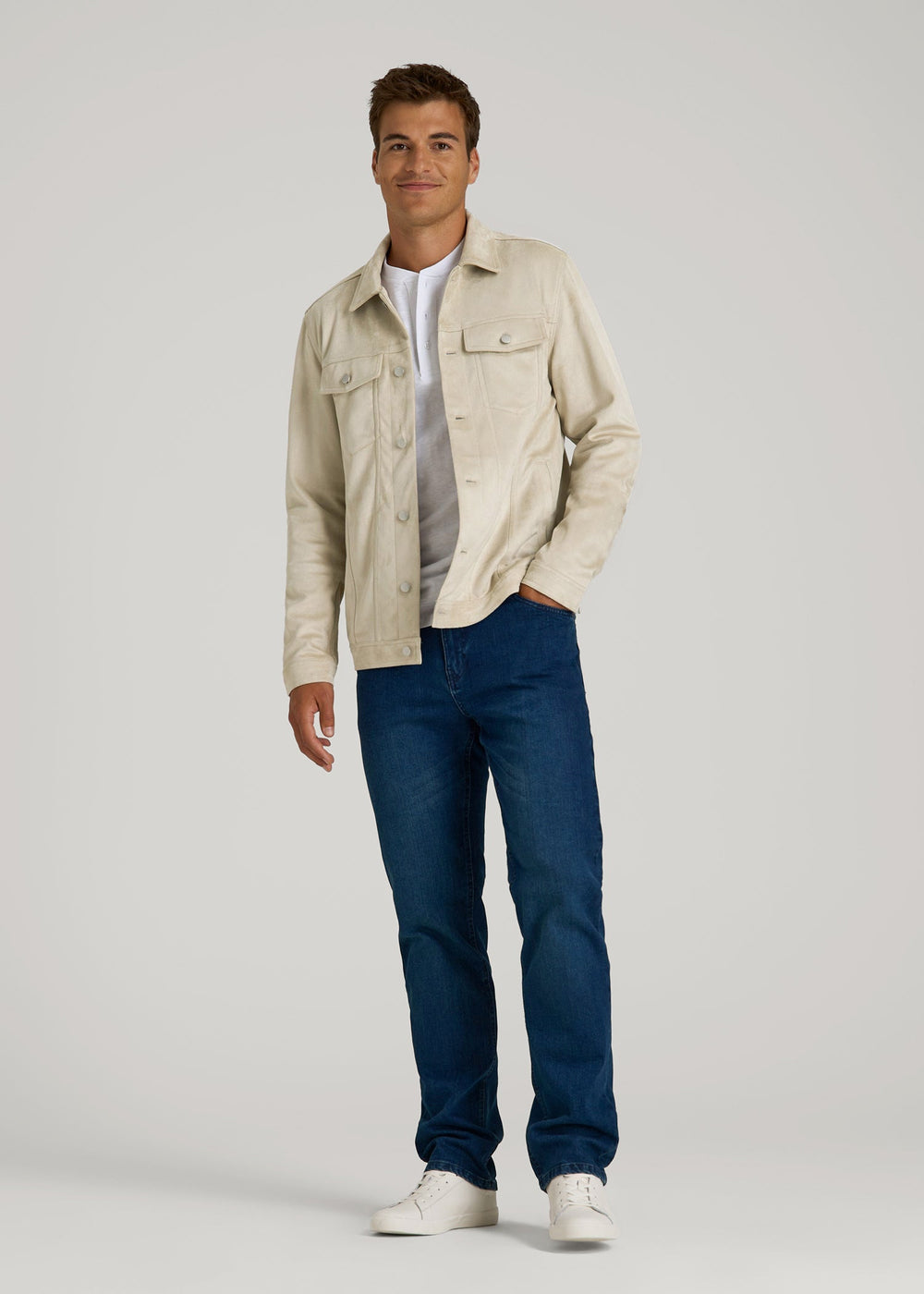 American Tall Online Shop | True Touch Suede Trucker Jacket for Tall Men in Overcast