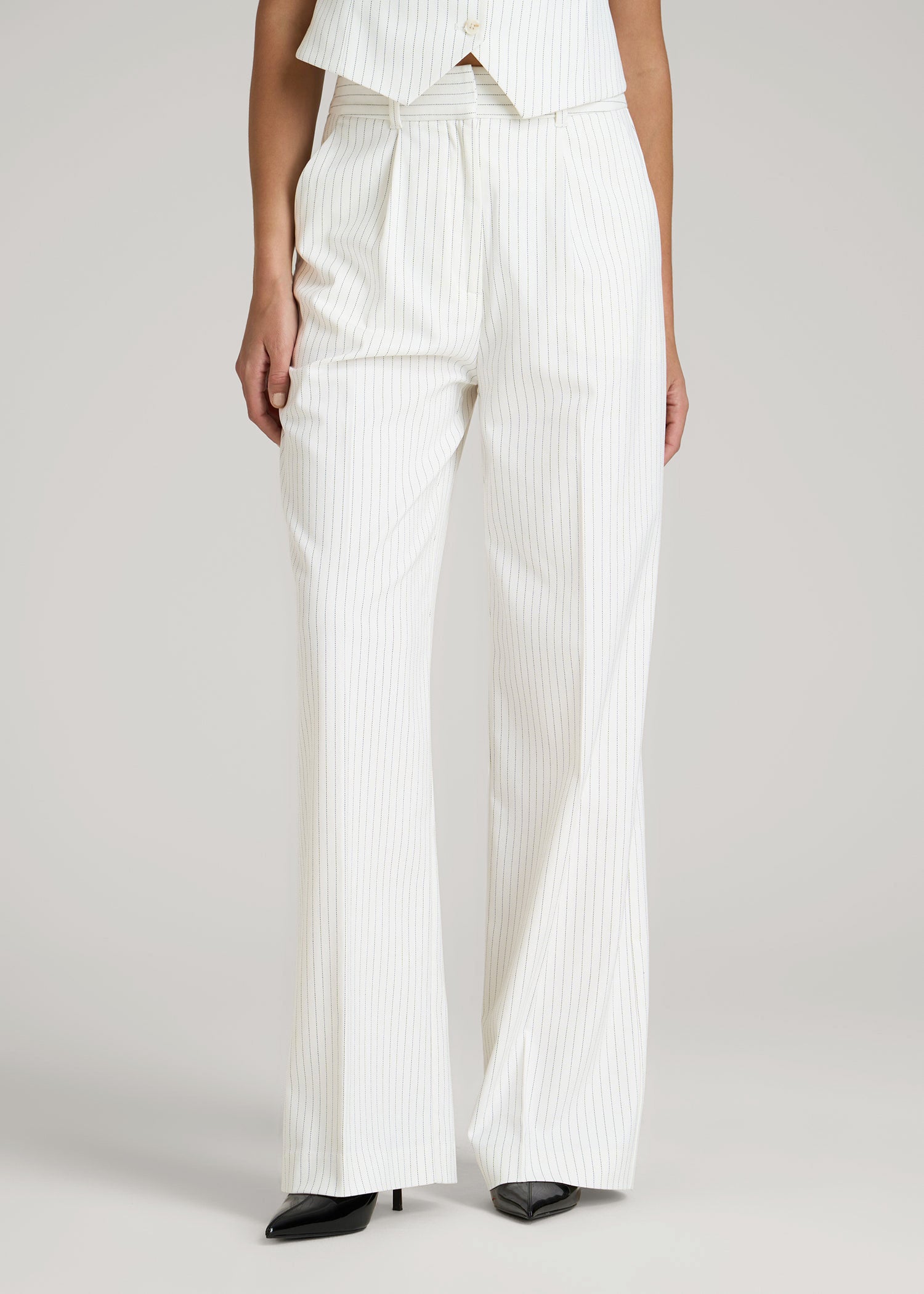 American Tall Online Shop | High-Rise Wide-Leg Pleated Dress Pants for Tall Women in Off White Pinstripe