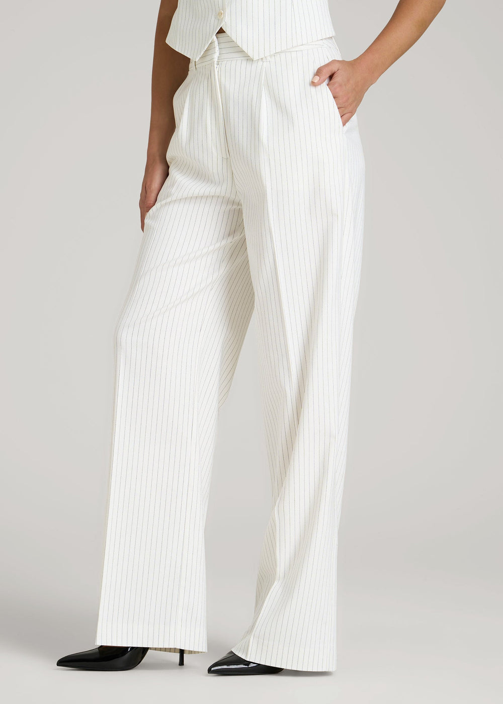American Tall Online Shop | High-Rise Wide-Leg Pleated Dress Pants for Tall Women in Off White Pinstripe