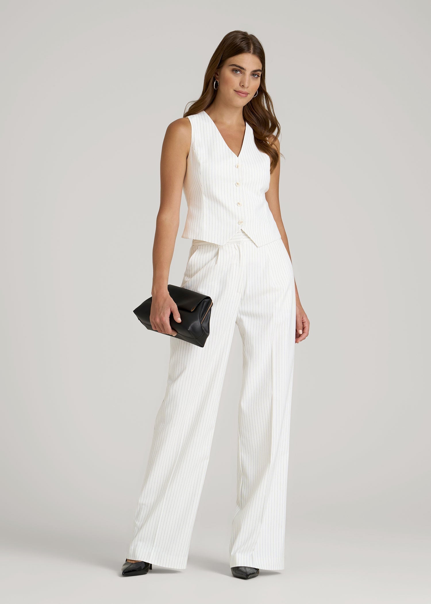 American Tall Online Shop | High-Rise Wide-Leg Pleated Dress Pants for Tall Women in Off White Pinstripe