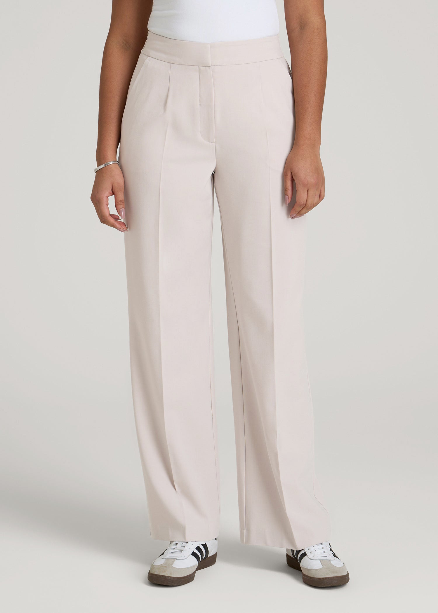 American Tall Discount | Flat Front Wide Leg Dress Pants for Tall Women in Drywall Tan