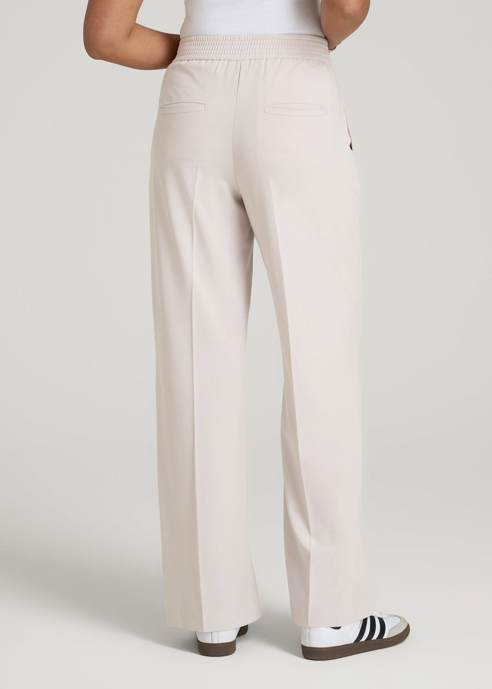 American Tall Discount | Flat Front Wide Leg Dress Pants for Tall Women in Drywall Tan