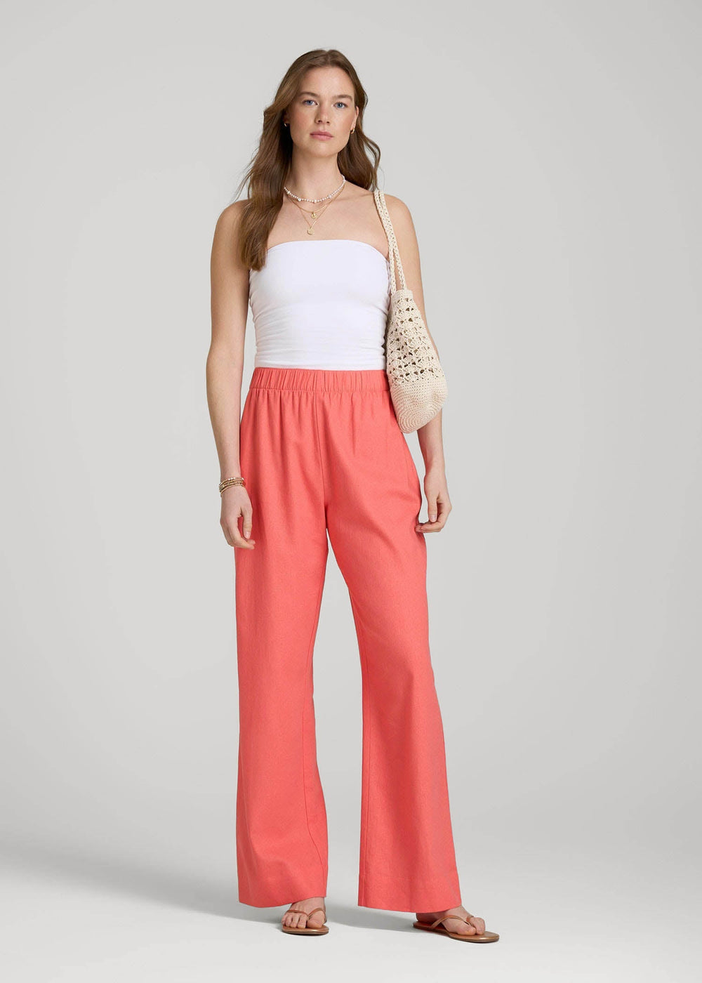 American Tall Online | Pull On Wide Leg Linen Pants for Tall Women in Sunset Coral