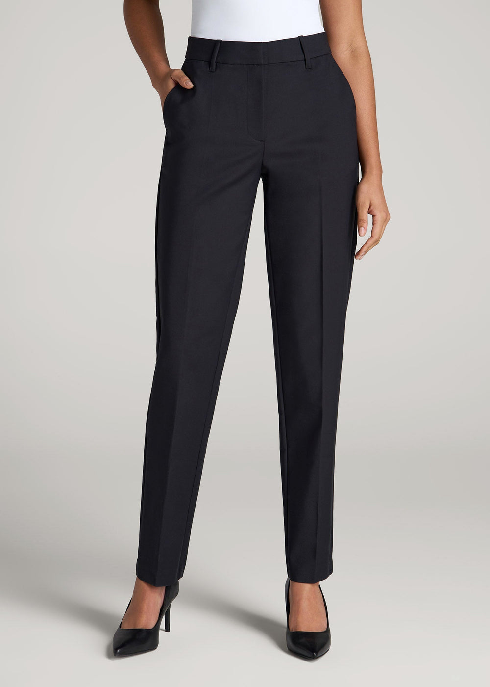 American Tall Sale | Flat Front Tapered Dress Pants for Tall Women in Black