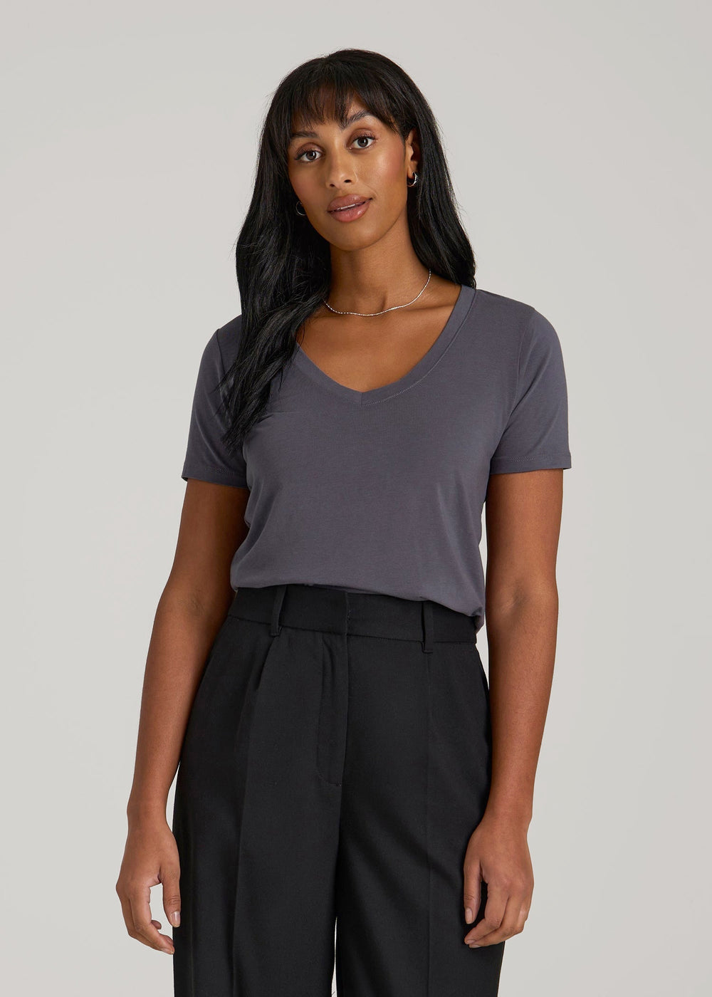 American Tall Outlet | Scoop V-Neck Tee for Tall Women in Charcoal