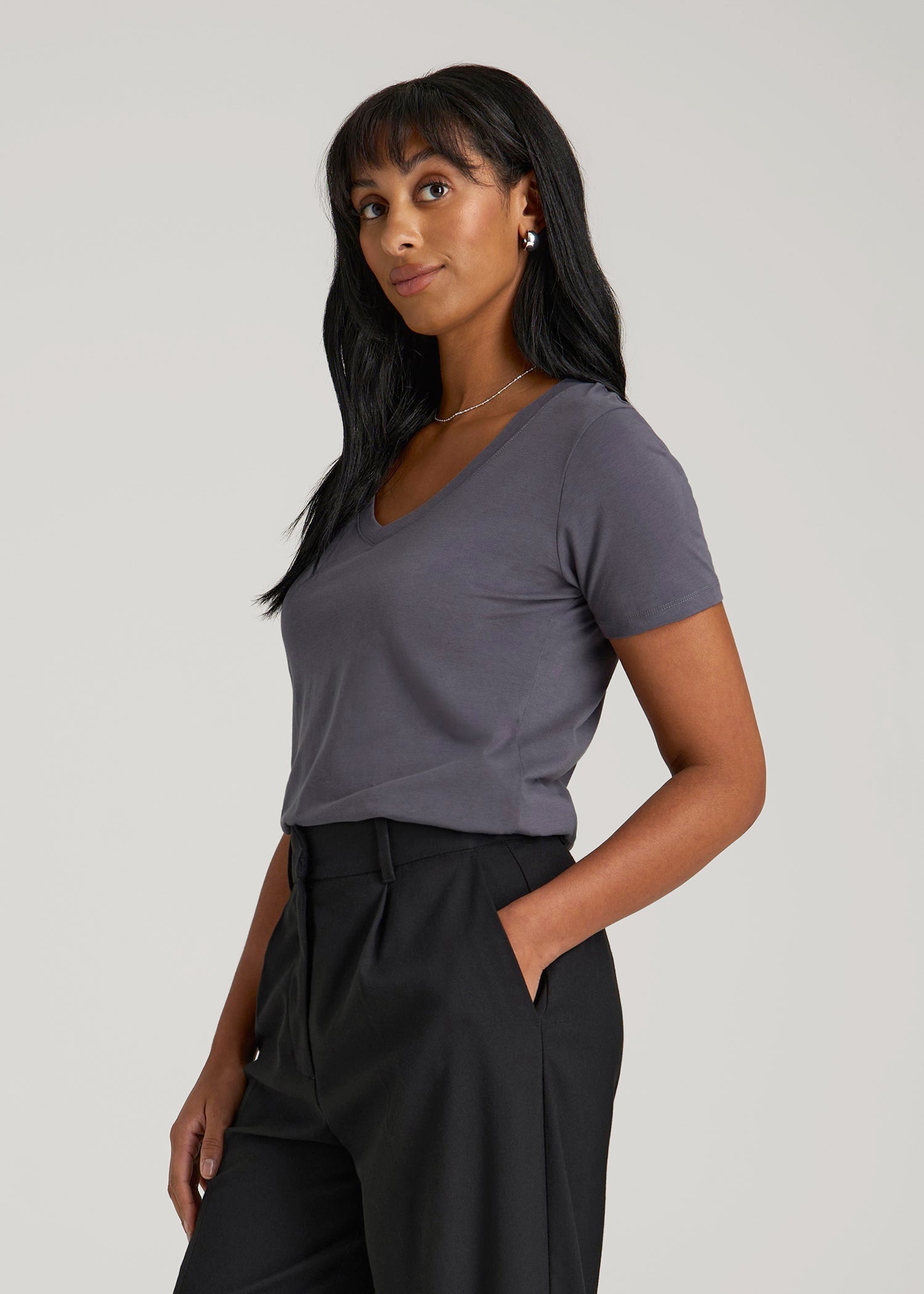 American Tall Outlet | Scoop V-Neck Tee for Tall Women in Charcoal