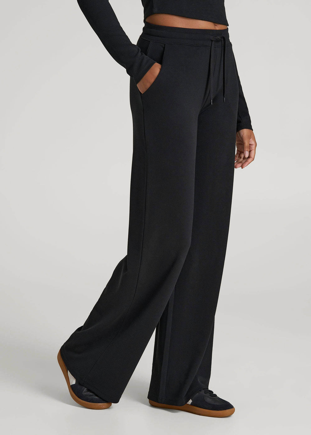 American Tall Online | Mid-Rise Waffle Wide-Leg Pants for Tall Women in Black