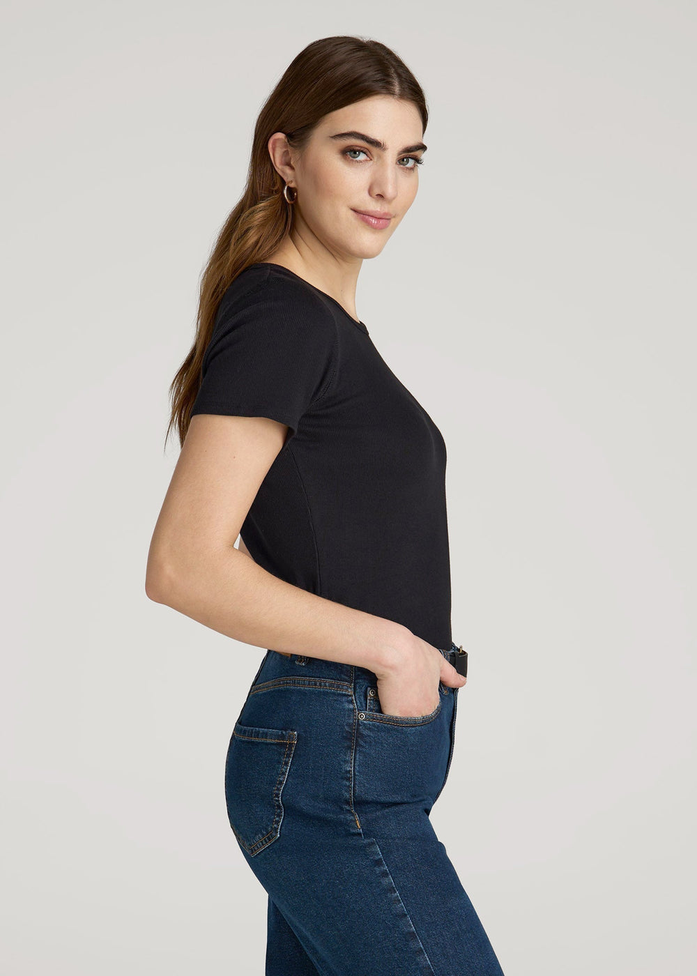 American Tall For Sale | Short Sleeve Ribbed Crewneck T-Shirt for Tall Women in Black