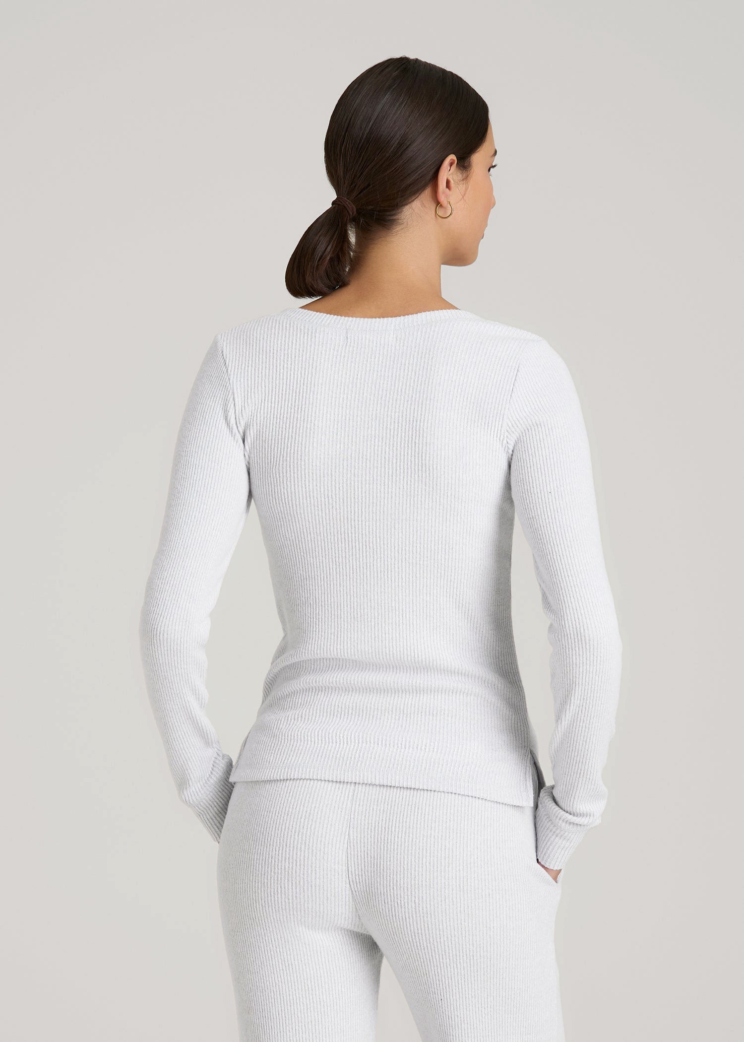 American Tall Online Shop | Ribbed Henley Lounge Top for Tall Women in Fog Grey Mix