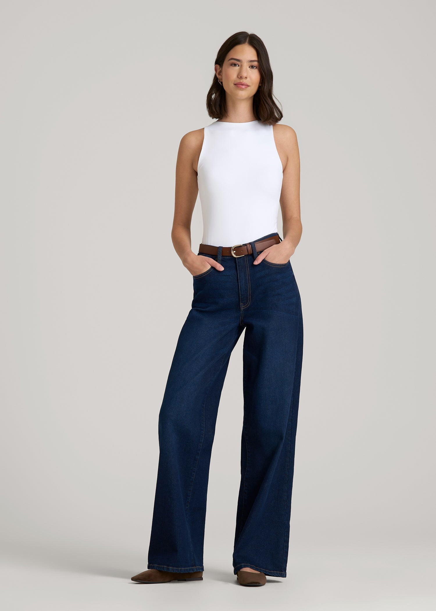 American Tall Sale | High Crewneck Sleeveless Bodysuit for Tall Women in Bright White