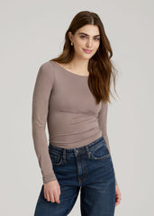 American Tall Discount | Boatneck Long Sleeve Exposed Seam Top for Tall Women in Dark Sand