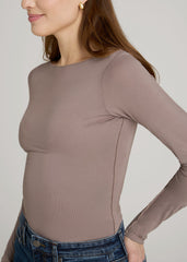 American Tall Discount | Boatneck Long Sleeve Exposed Seam Top for Tall Women in Dark Sand