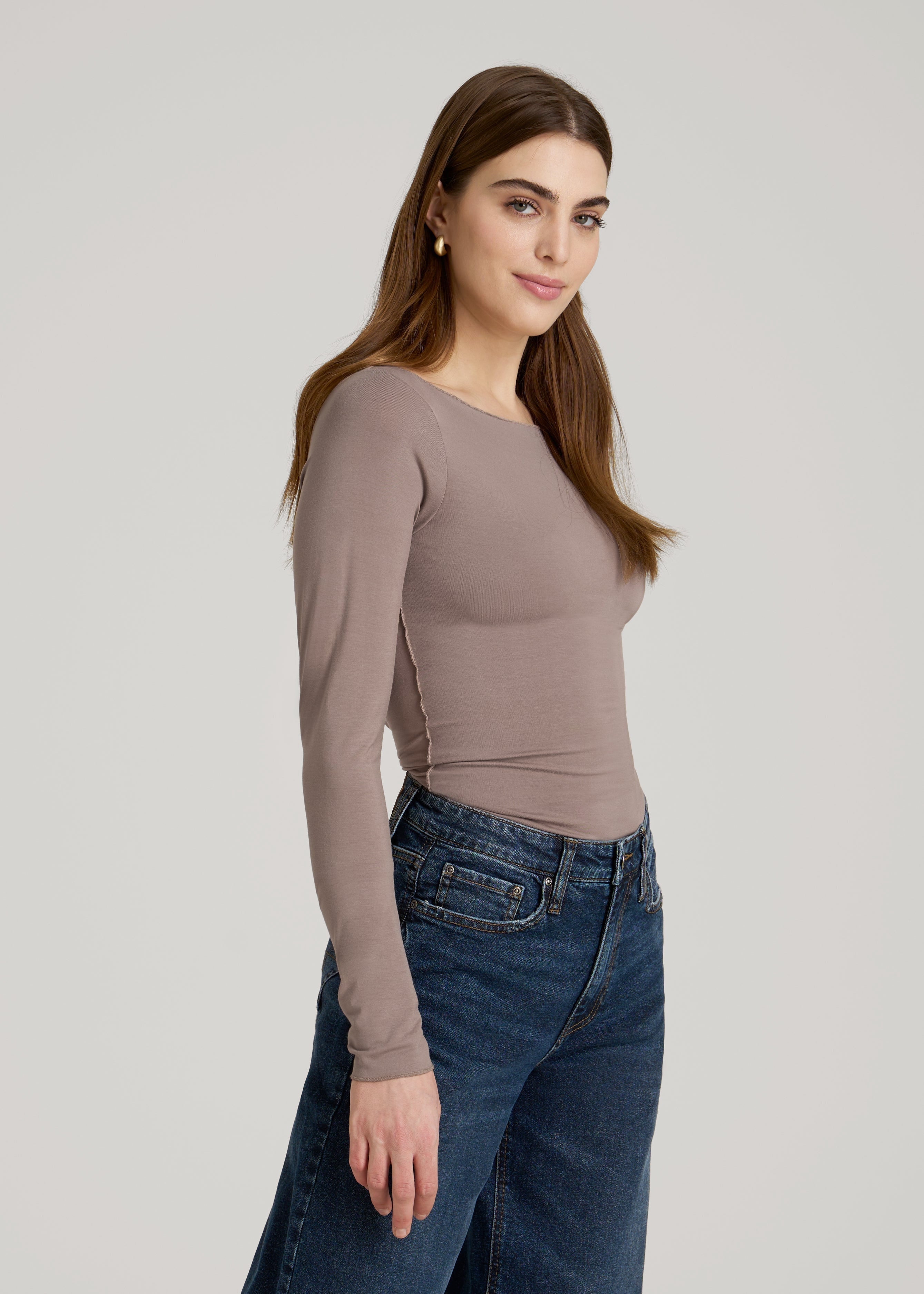 American Tall Discount | Boatneck Long Sleeve Exposed Seam Top for Tall Women in Dark Sand
