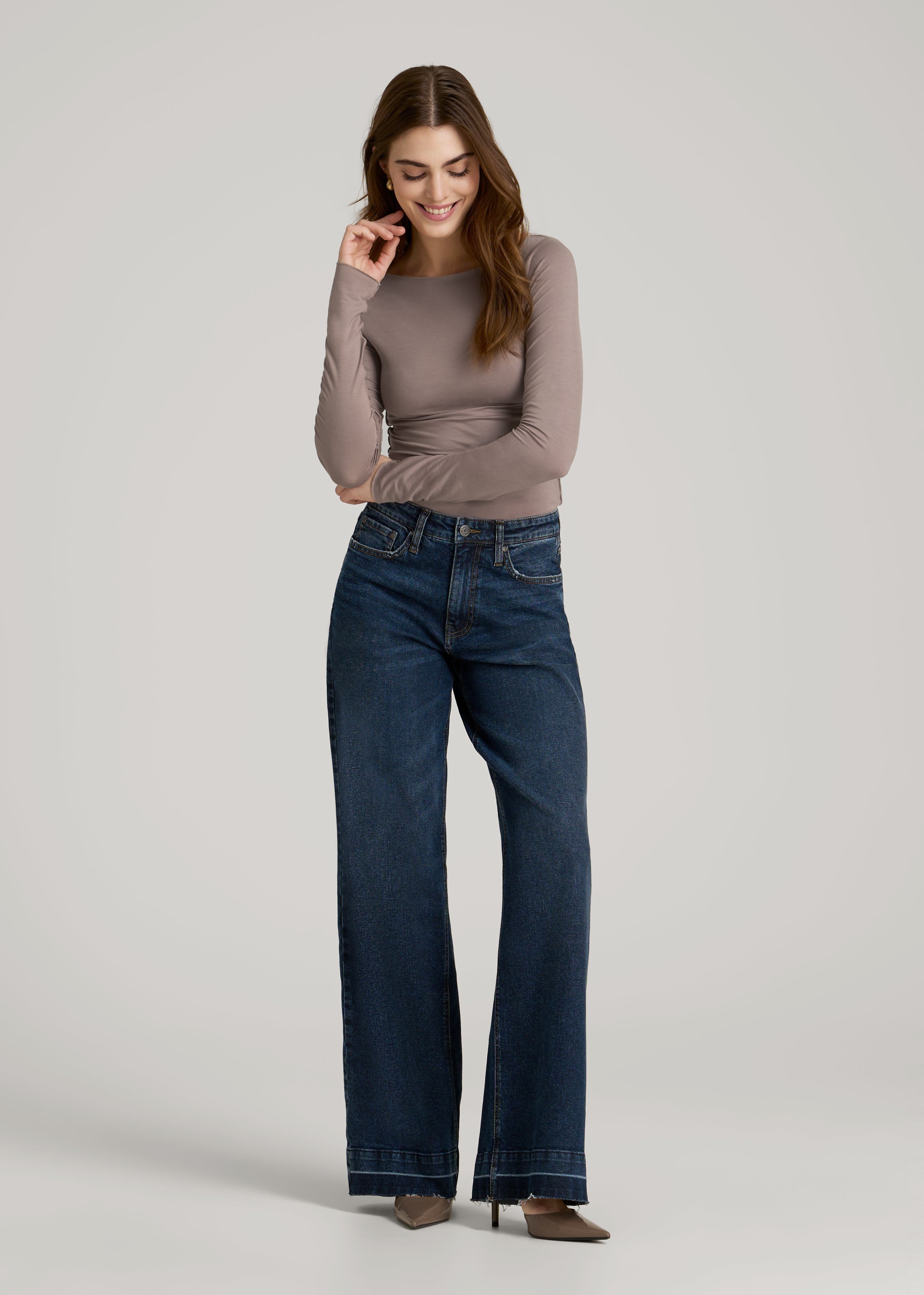 American Tall Discount | Boatneck Long Sleeve Exposed Seam Top for Tall Women in Dark Sand