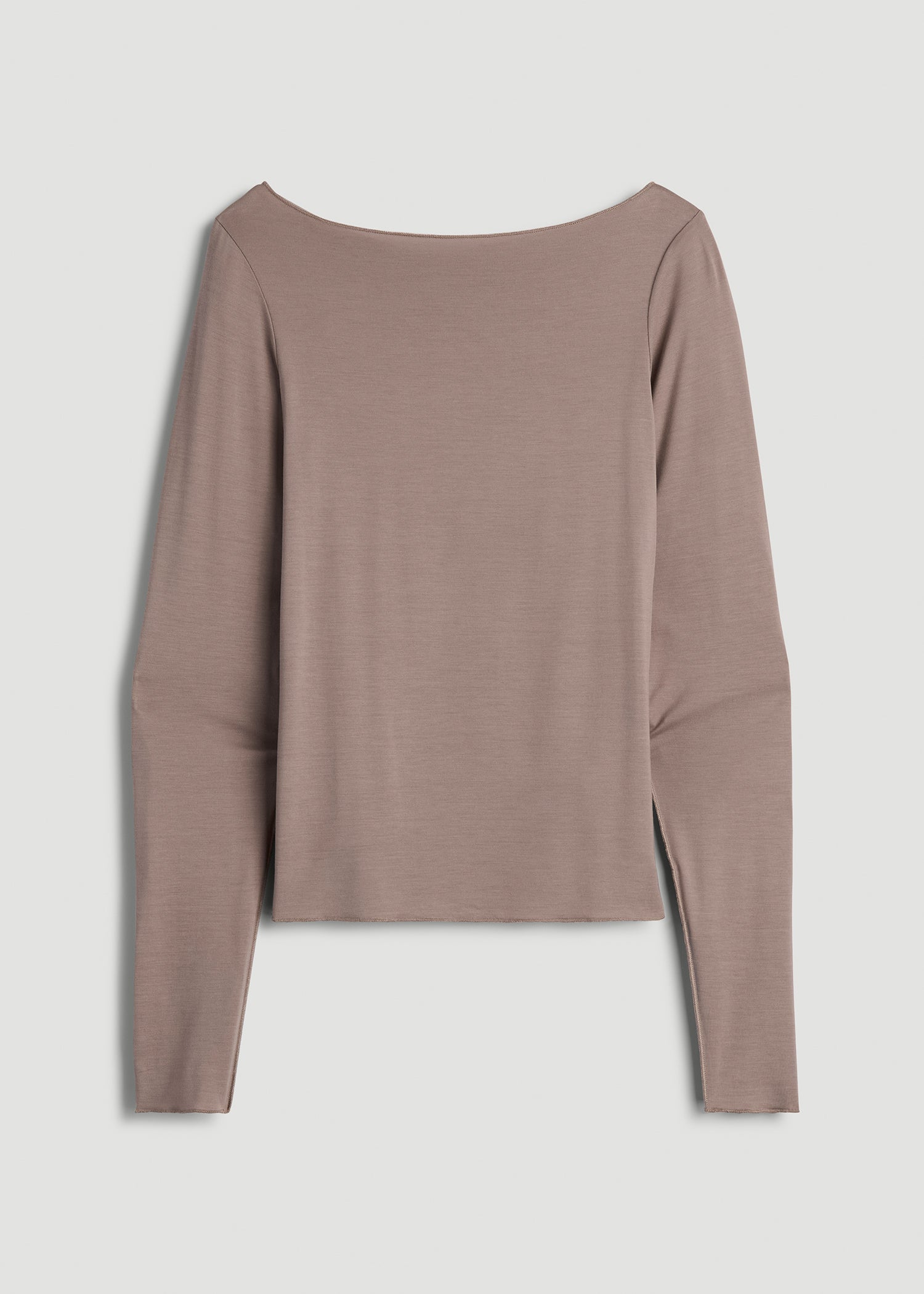American Tall Discount | Boatneck Long Sleeve Exposed Seam Top for Tall Women in Dark Sand