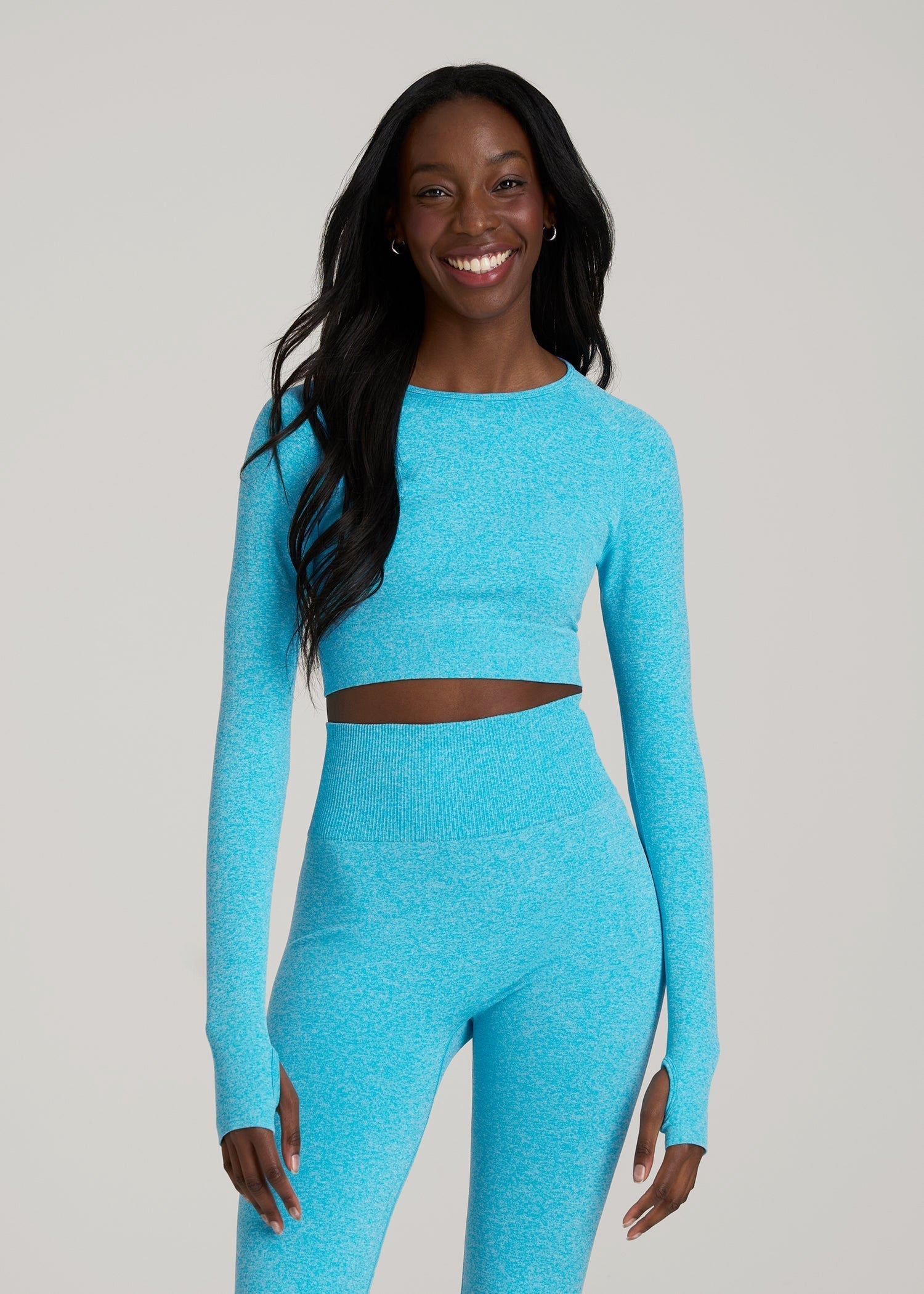 American Tall Sale | Compression Long Sleeve Cropped Training Top for Tall Women in Scuba Blue Mix