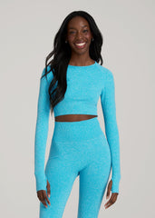 American Tall Sale | Compression Long Sleeve Cropped Training Top for Tall Women in Scuba Blue Mix