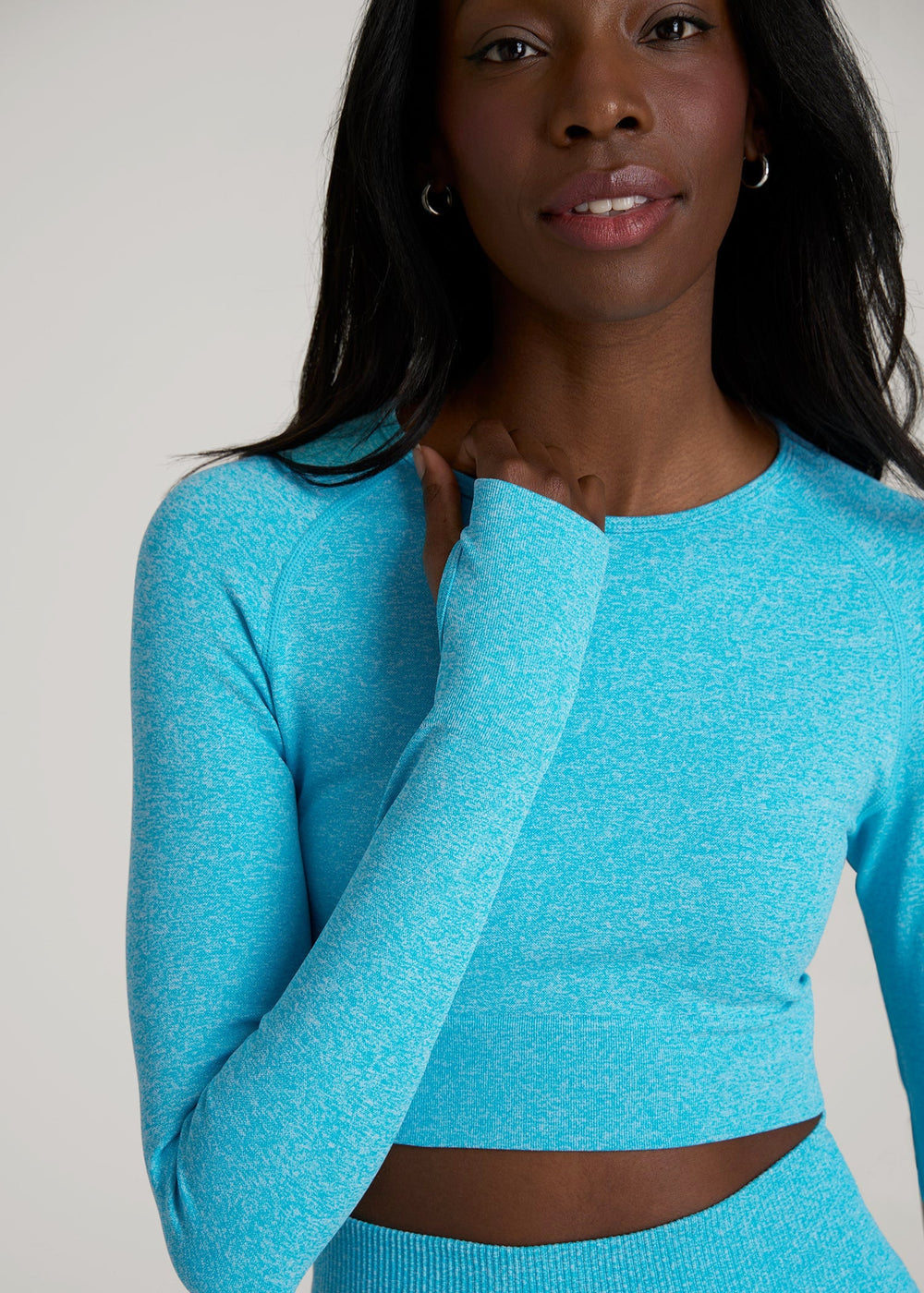 American Tall Sale | Compression Long Sleeve Cropped Training Top for Tall Women in Scuba Blue Mix