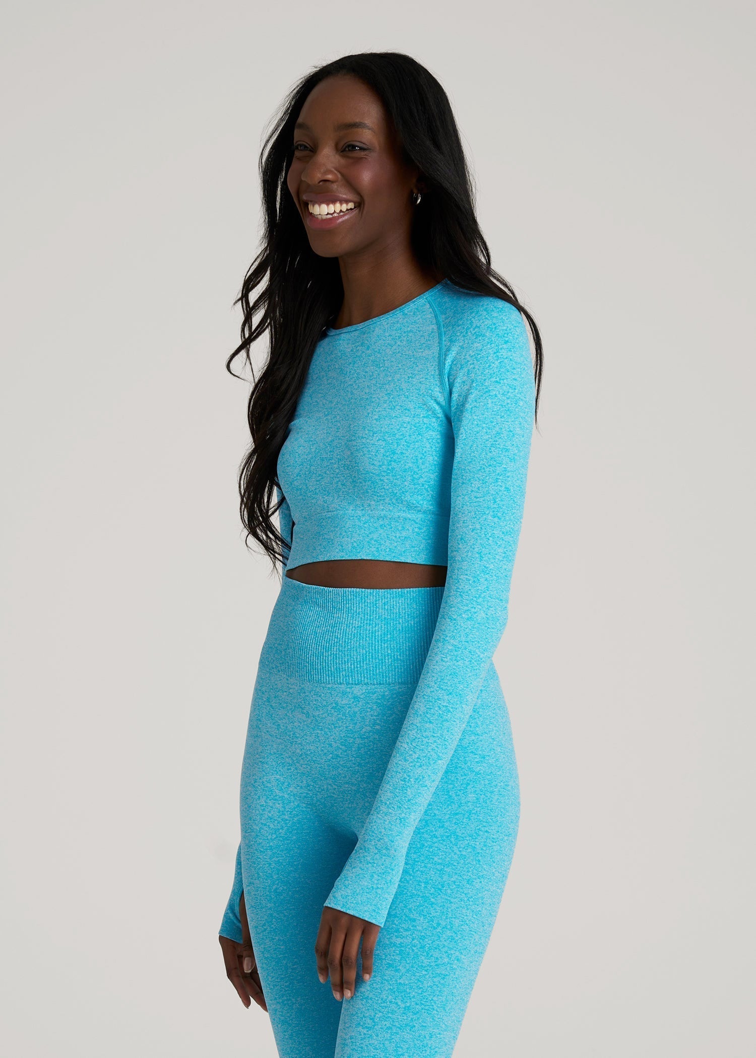 American Tall Sale | Compression Long Sleeve Cropped Training Top for Tall Women in Scuba Blue Mix
