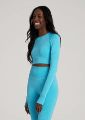 American Tall Sale | Compression Long Sleeve Cropped Training Top for Tall Women in Scuba Blue Mix
