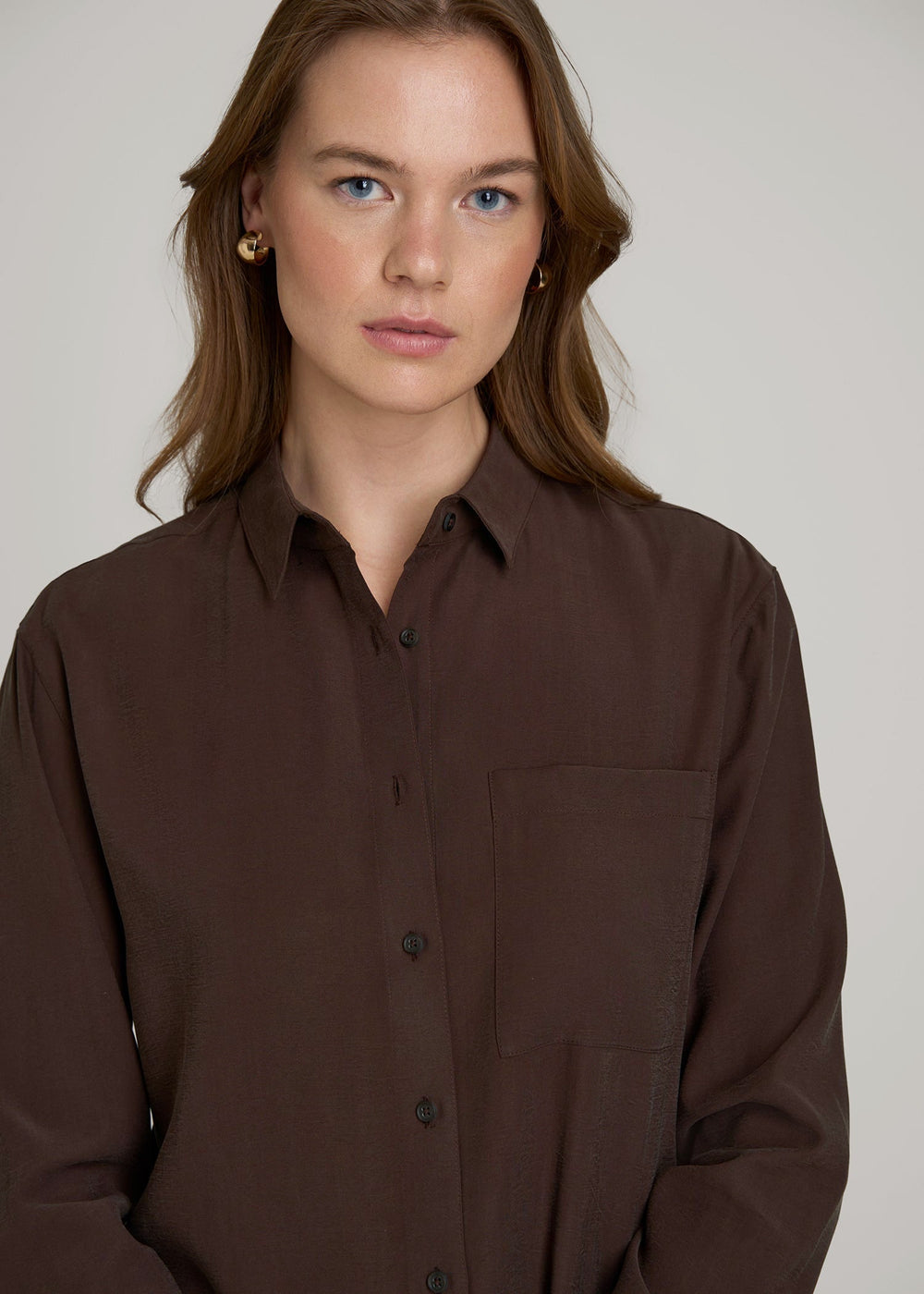 American Tall Discount | Relaxed Button-Up Single-Pocket Blouse for Tall Women in Espresso