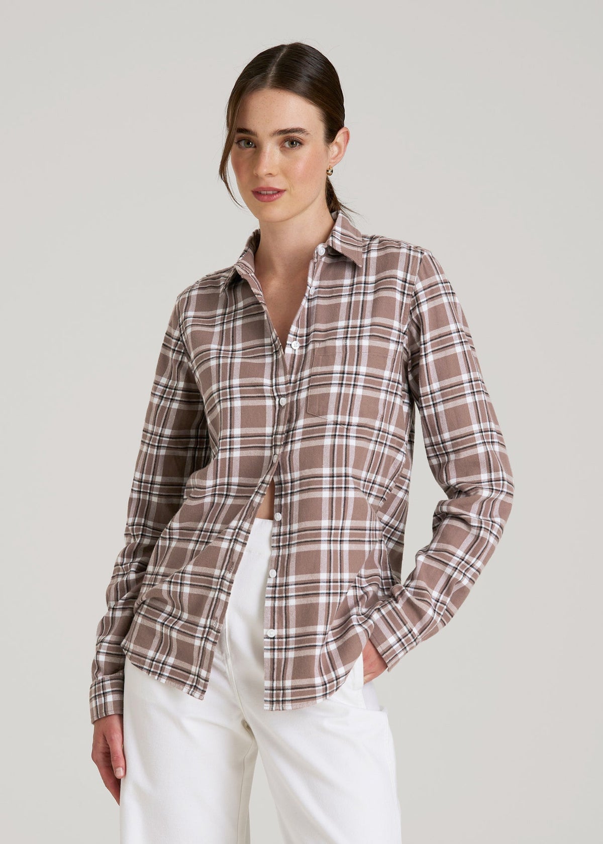 American Tall Online | Flannel Button-Up Shirt for Tall Women in Woodsmoke with Black