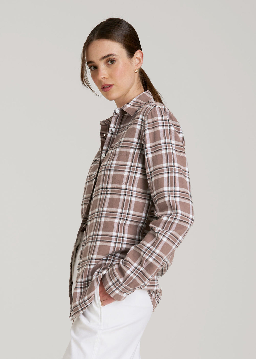 American Tall Online | Flannel Button-Up Shirt for Tall Women in Woodsmoke with Black