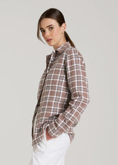 American Tall Online | Flannel Button-Up Shirt for Tall Women in Woodsmoke with Black