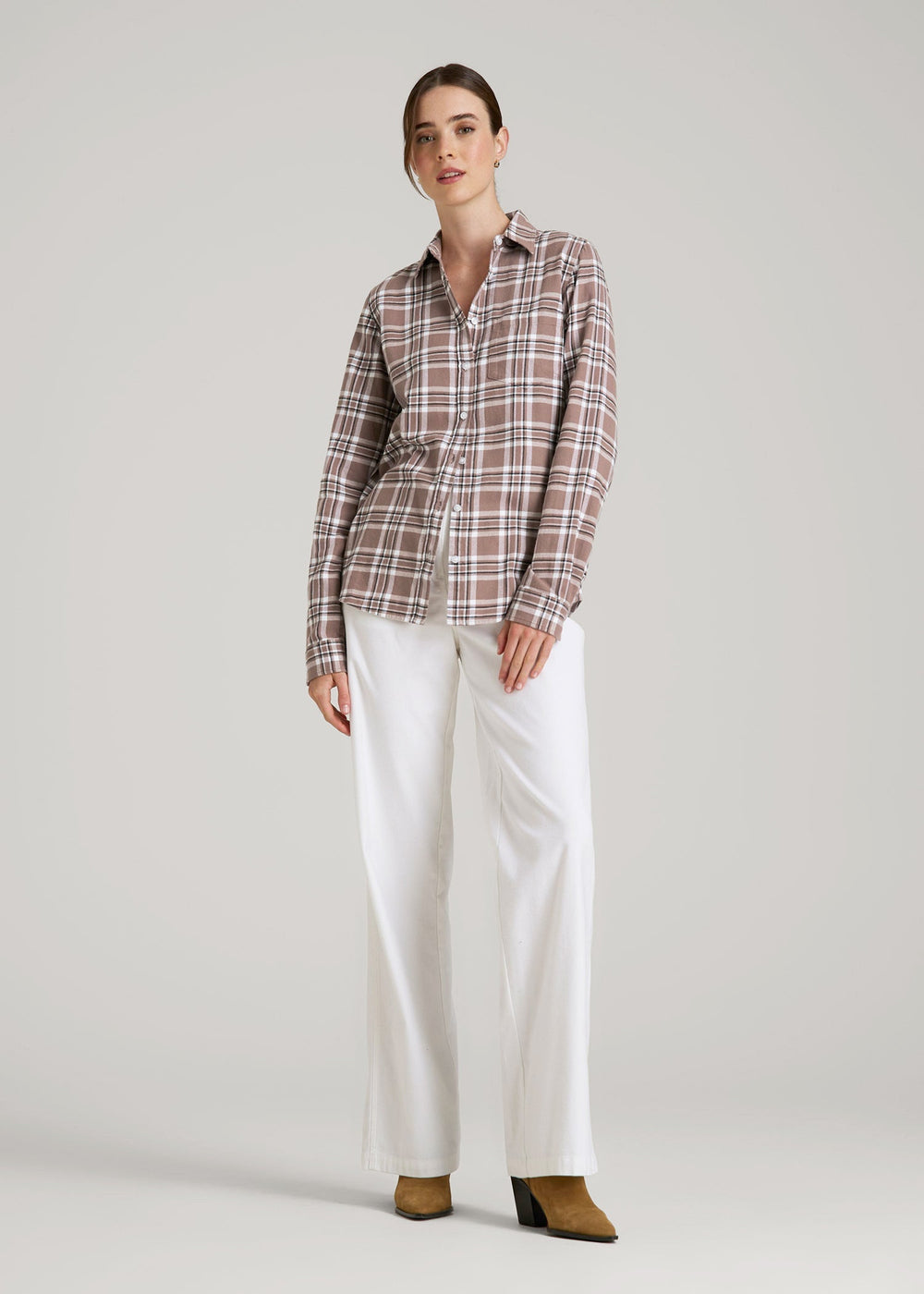 American Tall Online | Flannel Button-Up Shirt for Tall Women in Woodsmoke with Black