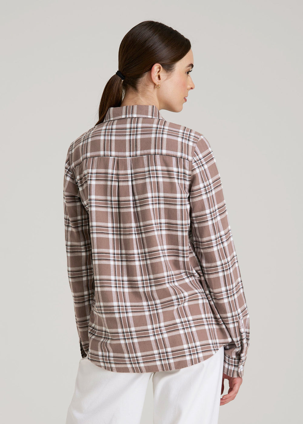 American Tall Online | Flannel Button-Up Shirt for Tall Women in Woodsmoke with Black