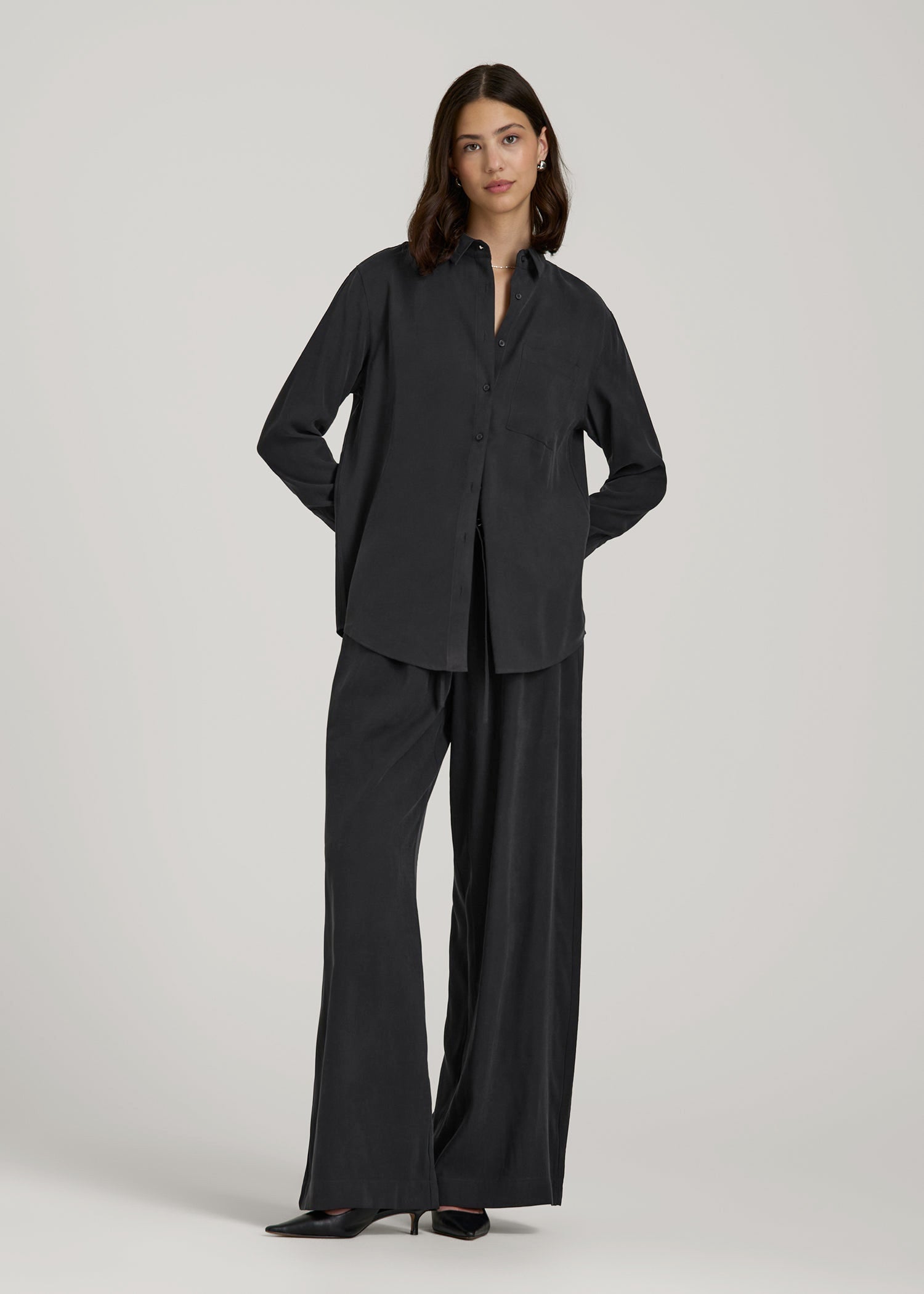 American Tall Sale | Relaxed Button-Up Single-Pocket Blouse for Tall Women in Vintage Black