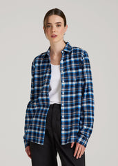 American Tall Outlet | Flannel Button-Up Shirt for Tall Women in True Navy with Cobalt