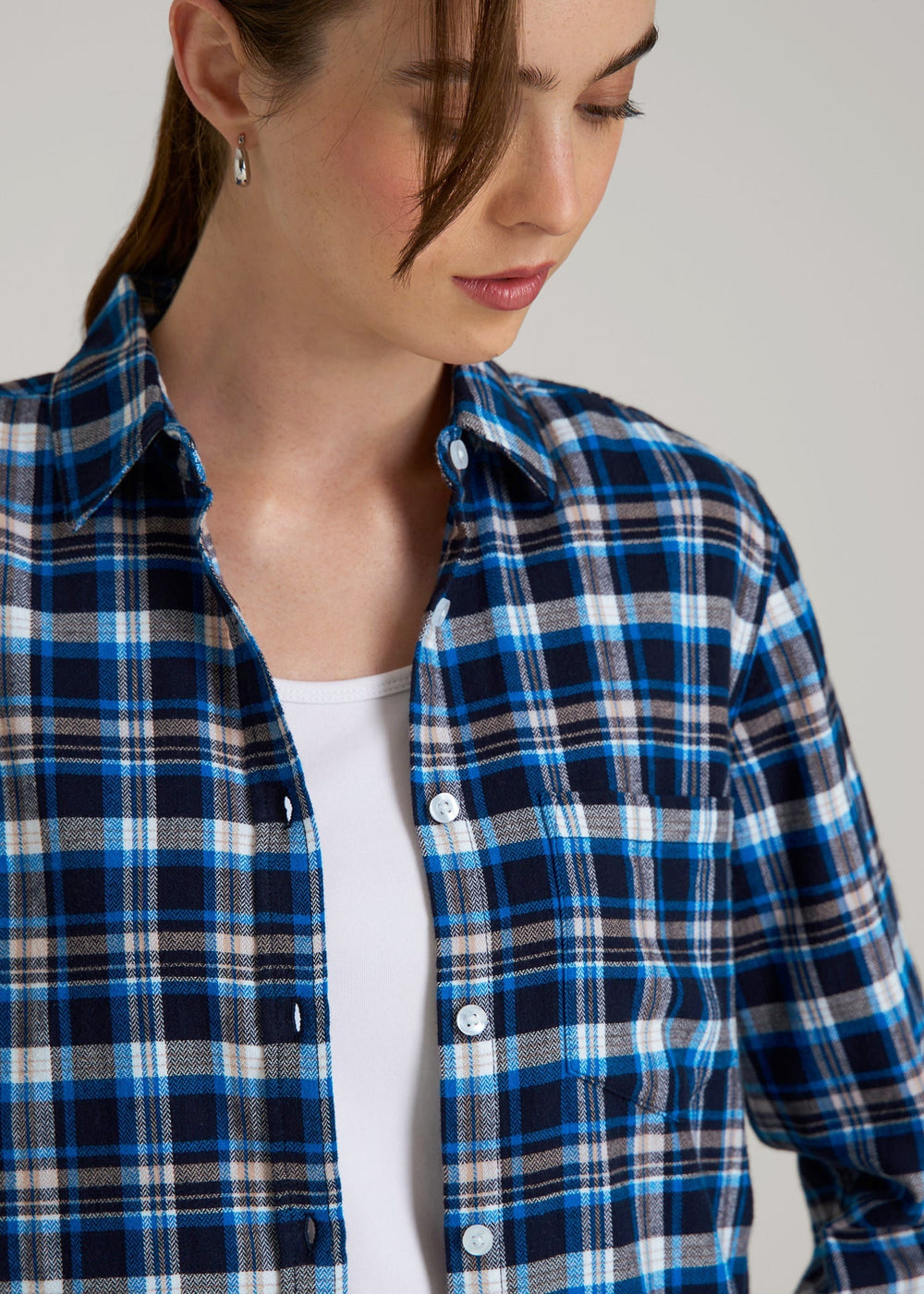 American Tall Outlet | Flannel Button-Up Shirt for Tall Women in True Navy with Cobalt