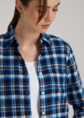 American Tall Outlet | Flannel Button-Up Shirt for Tall Women in True Navy with Cobalt