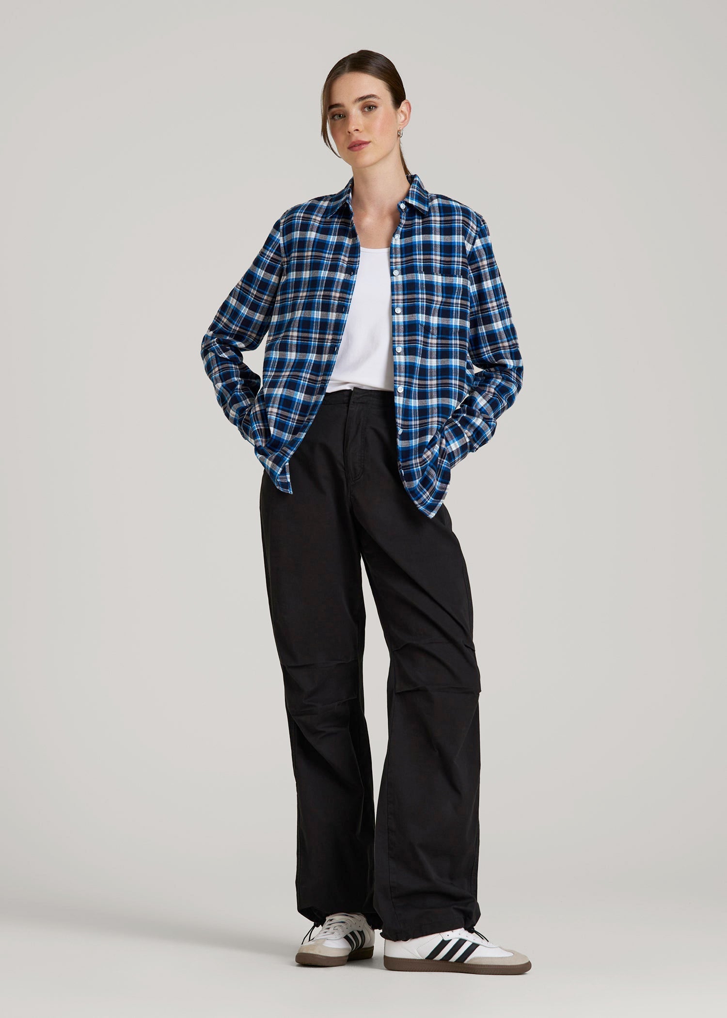 American Tall Outlet | Flannel Button-Up Shirt for Tall Women in True Navy with Cobalt