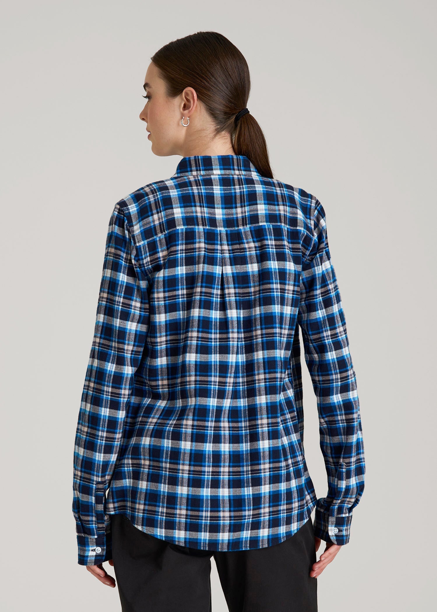 American Tall Outlet | Flannel Button-Up Shirt for Tall Women in True Navy with Cobalt