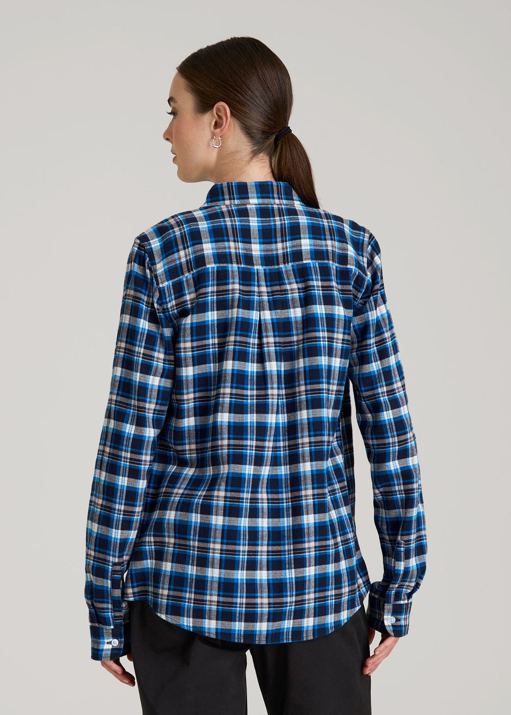 American Tall Outlet | Flannel Button-Up Shirt for Tall Women in True Navy with Cobalt