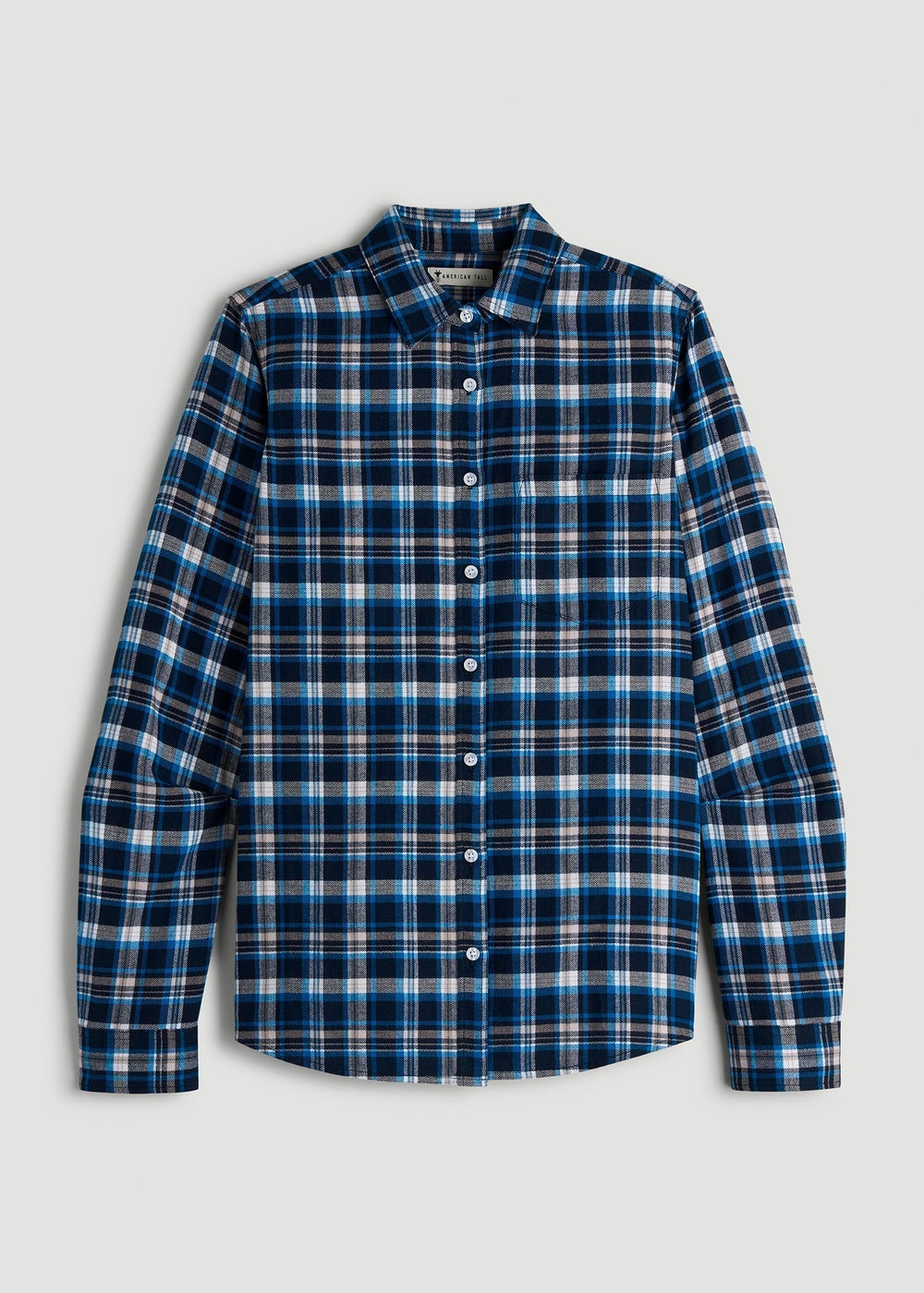 American Tall Outlet | Flannel Button-Up Shirt for Tall Women in True Navy with Cobalt