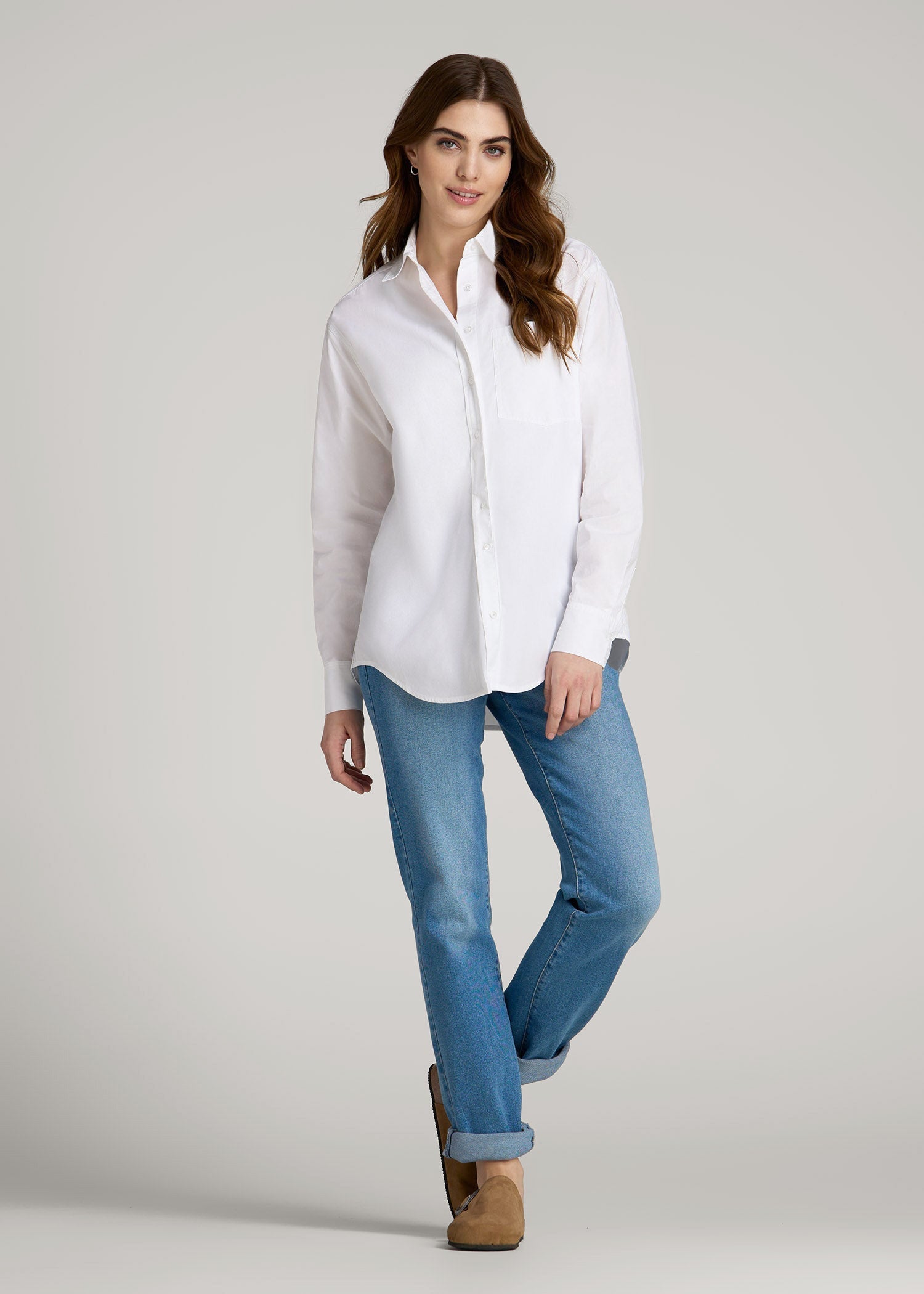 American Tall Online Shop | Relaxed Poplin Button Up Shirt for Tall Women in Bright White