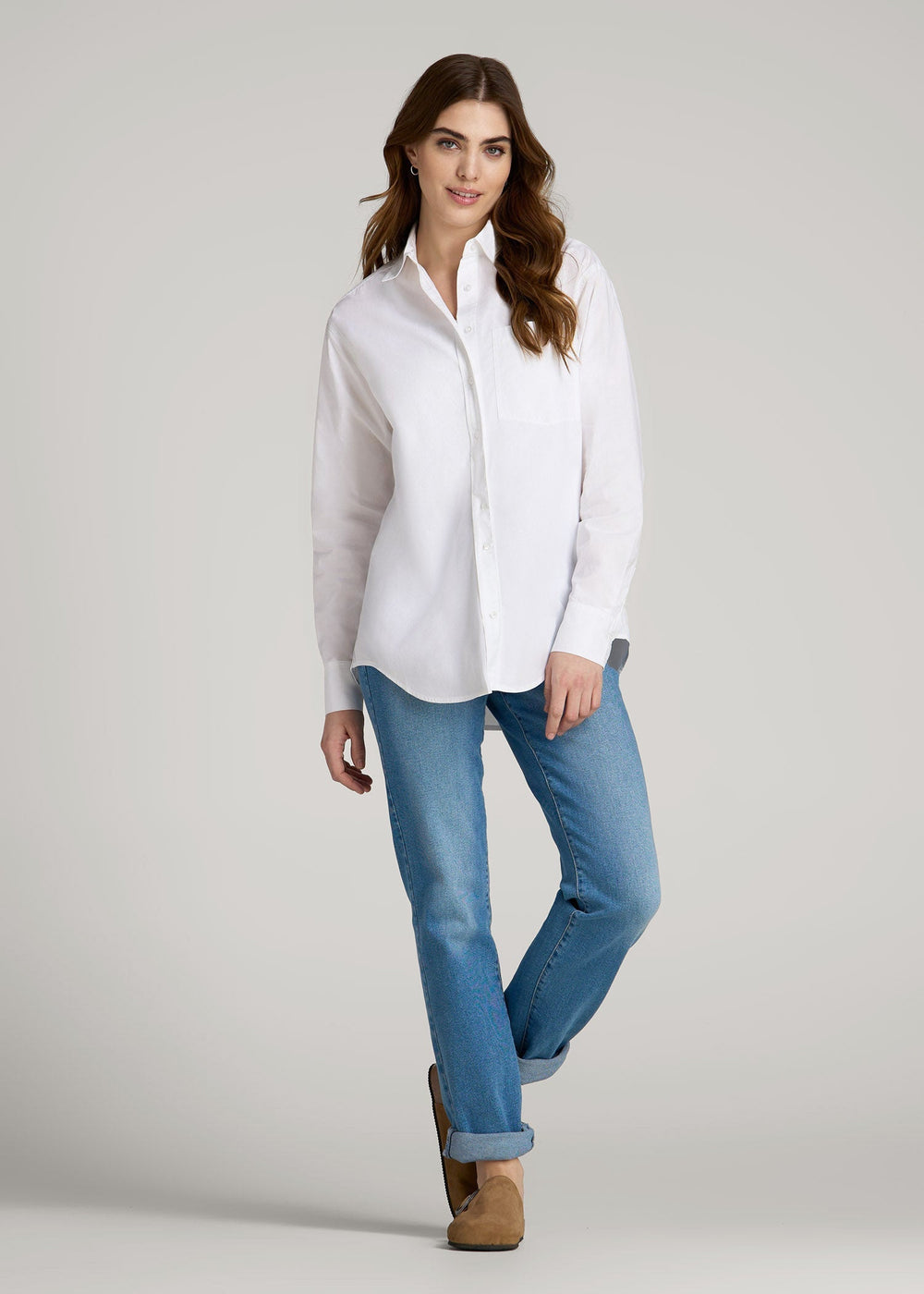 American Tall Online Shop | Relaxed Poplin Button Up Shirt for Tall Women in Bright White