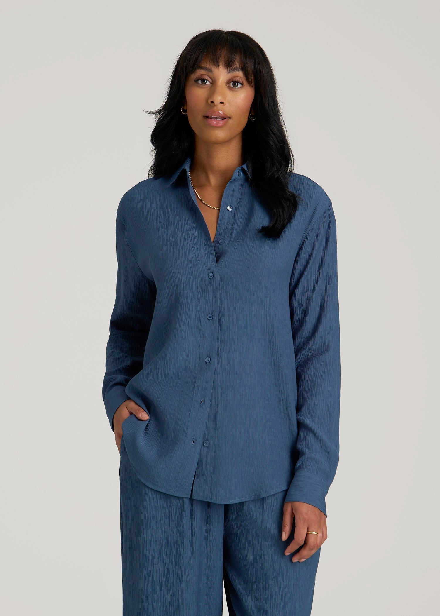 American Tall Discount | Long Sleeve Crinkle Blouse for Tall Women in Flag Blue