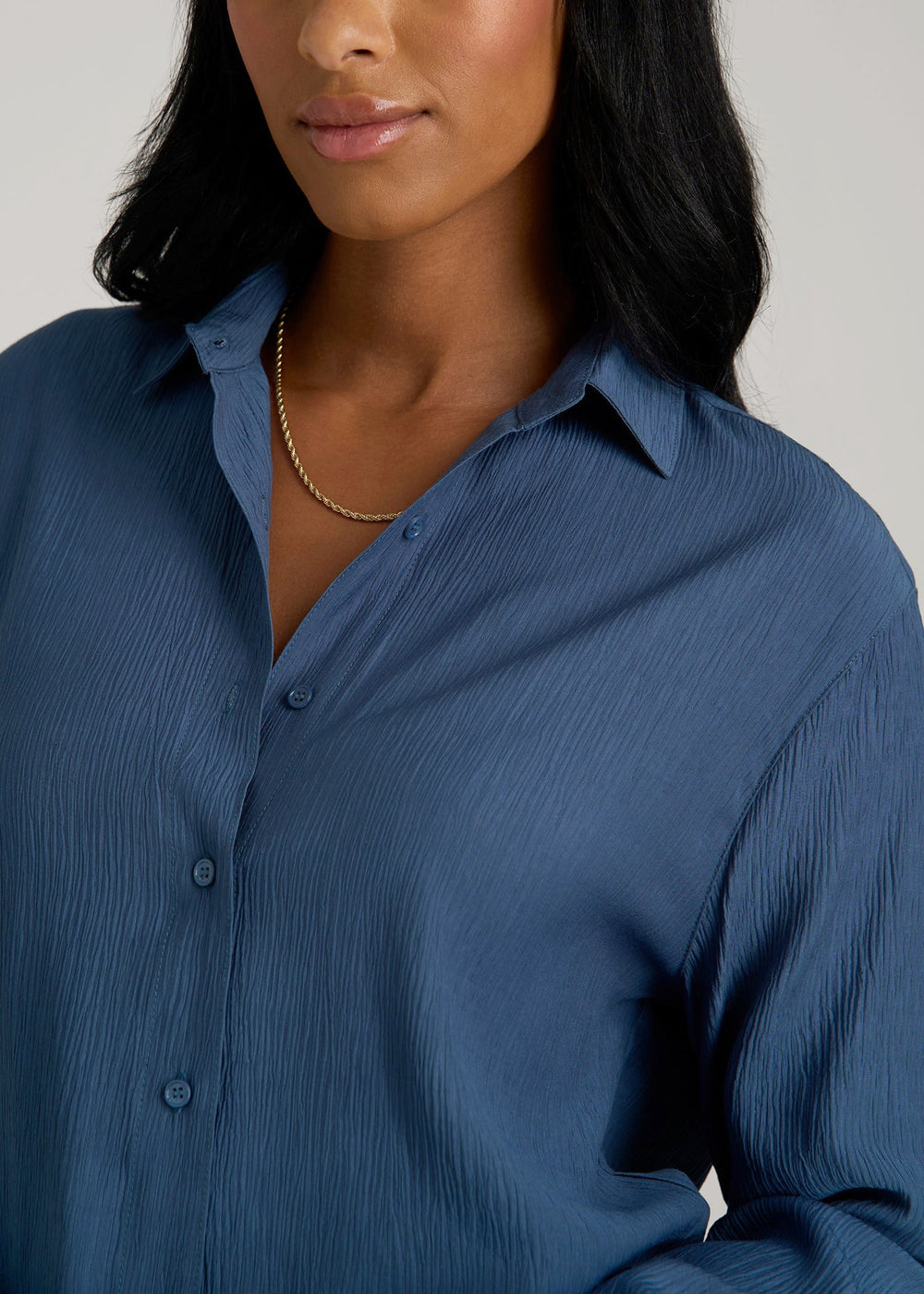American Tall Discount | Long Sleeve Crinkle Blouse for Tall Women in Flag Blue