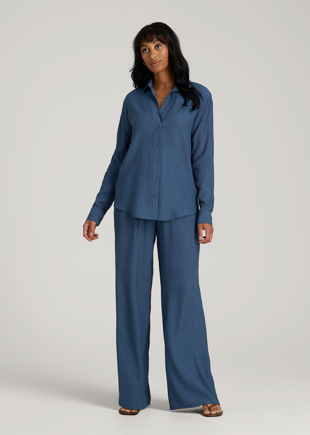 American Tall Discount | Long Sleeve Crinkle Blouse for Tall Women in Flag Blue