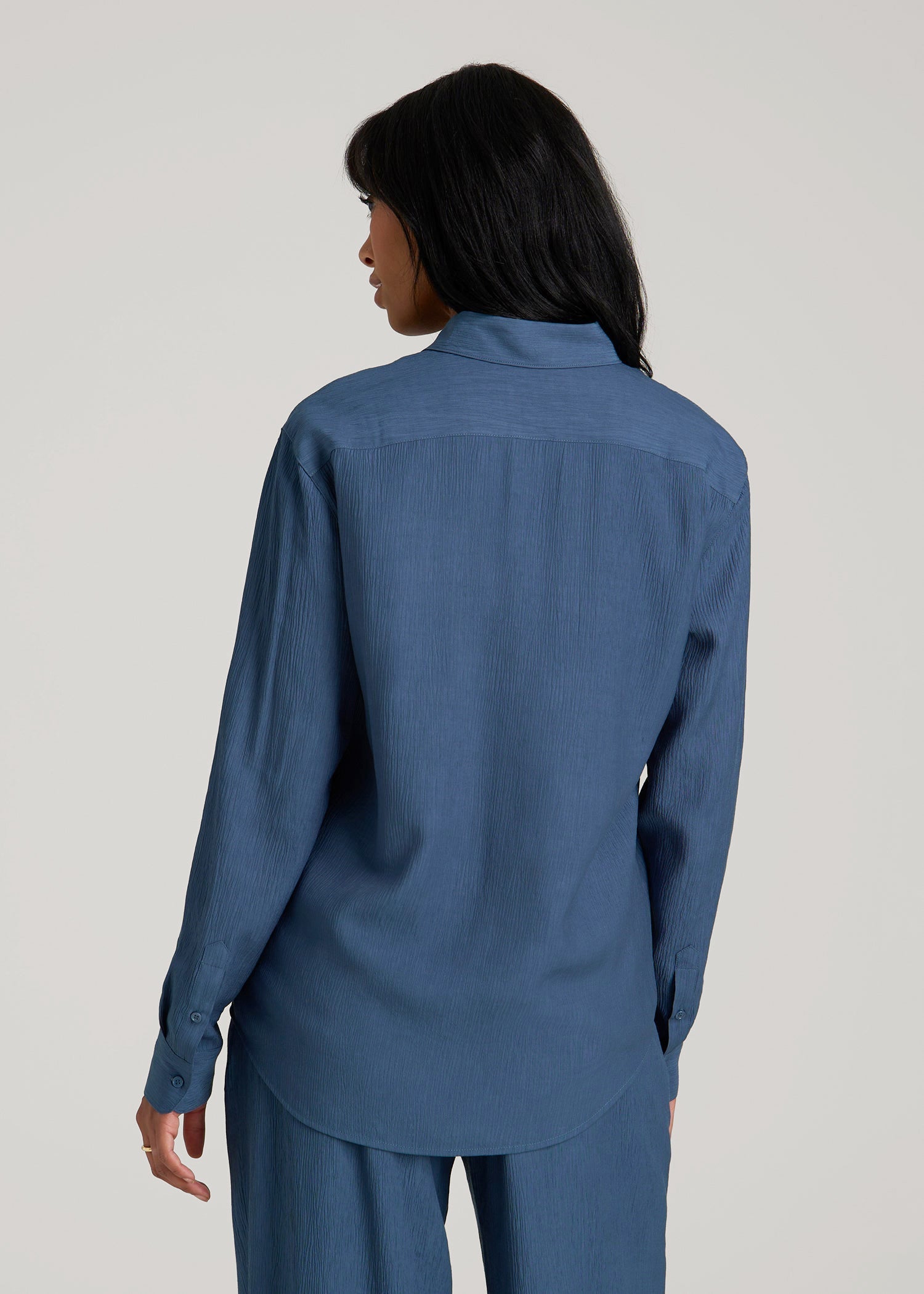 American Tall Discount | Long Sleeve Crinkle Blouse for Tall Women in Flag Blue