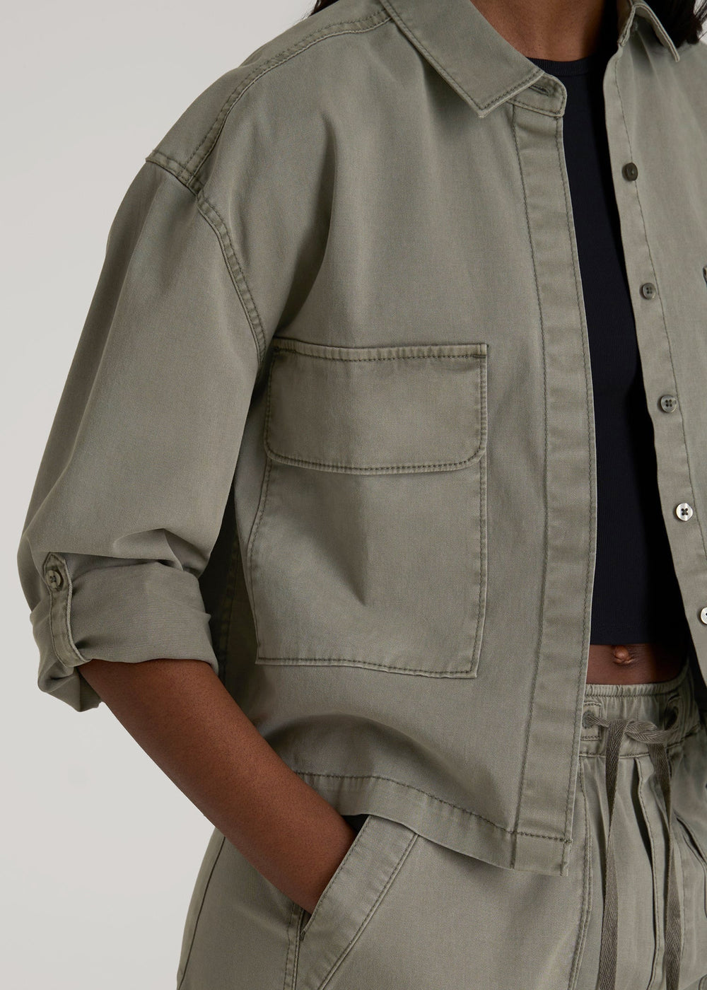 American Tall Online | Garment Dyed Utility Shirt for Tall Women in Camper Green
