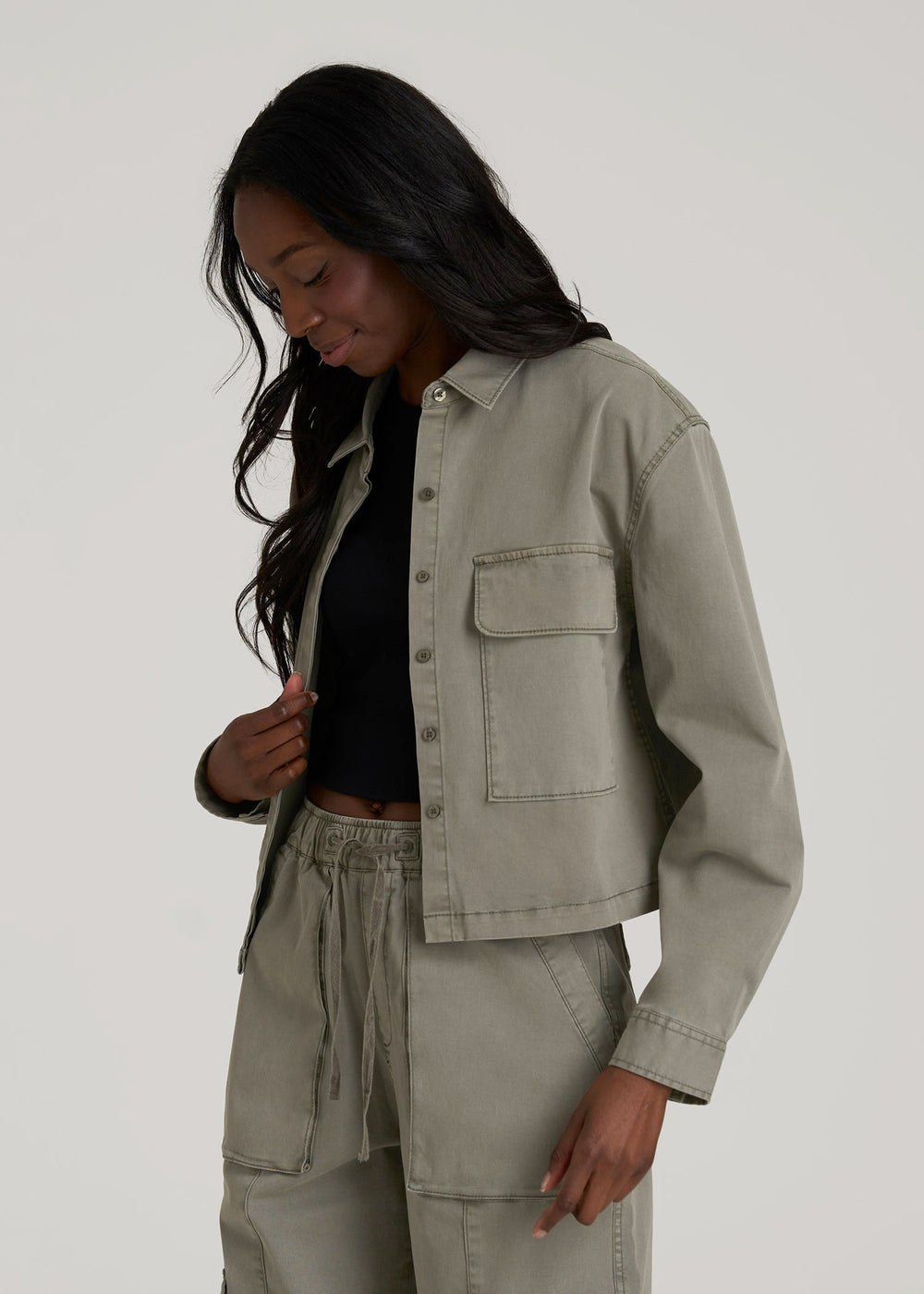 American Tall Online | Garment Dyed Utility Shirt for Tall Women in Camper Green