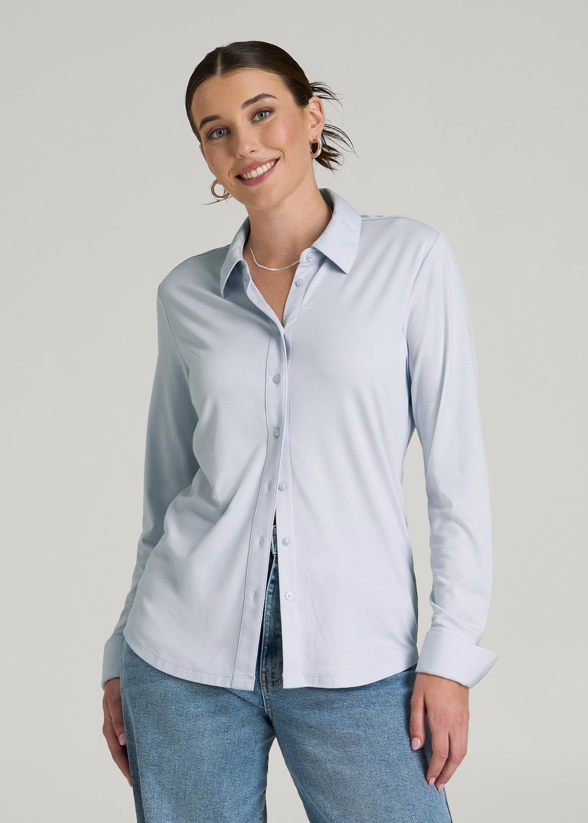 American Tall Sale | Slub Knit Button-Up Shirt for Tall Women in Light Blue