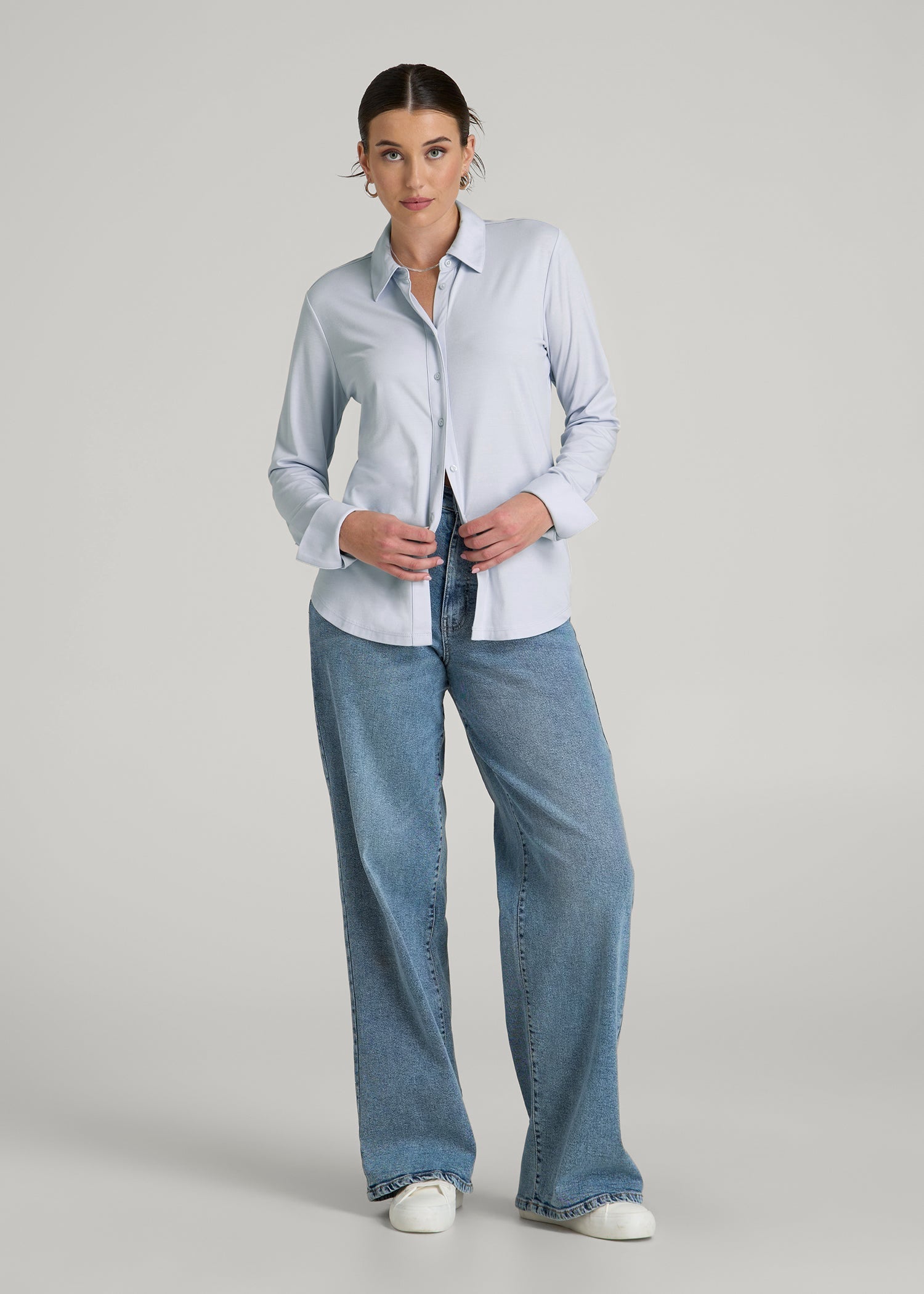 American Tall Sale | Slub Knit Button-Up Shirt for Tall Women in Light Blue