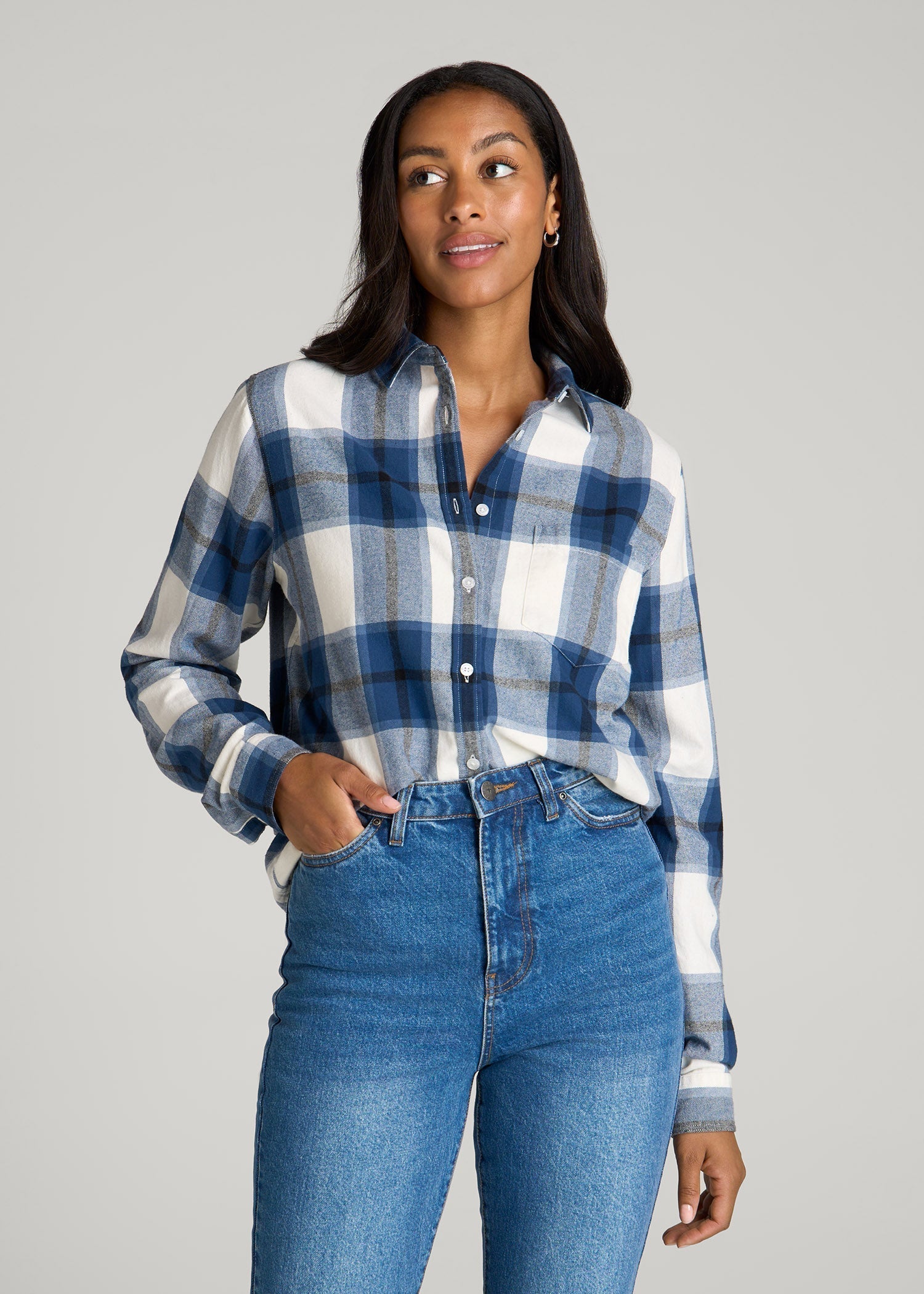 American Tall Outlet | Flannel Button-Up Shirt for Tall Women in Ocean Blue and White